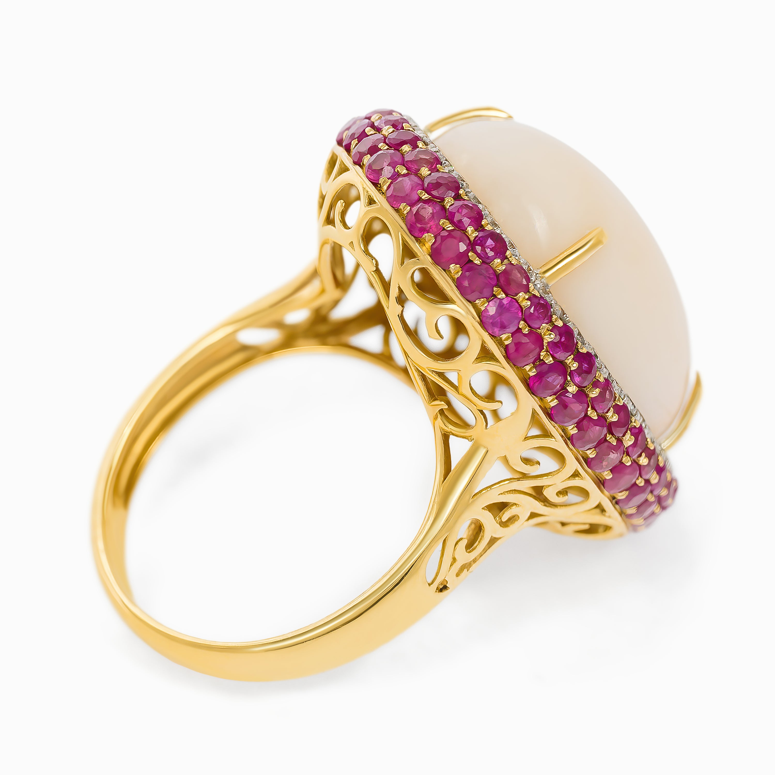 Yellow Gold Ring with Coral, Diamond, Ruby Stones
