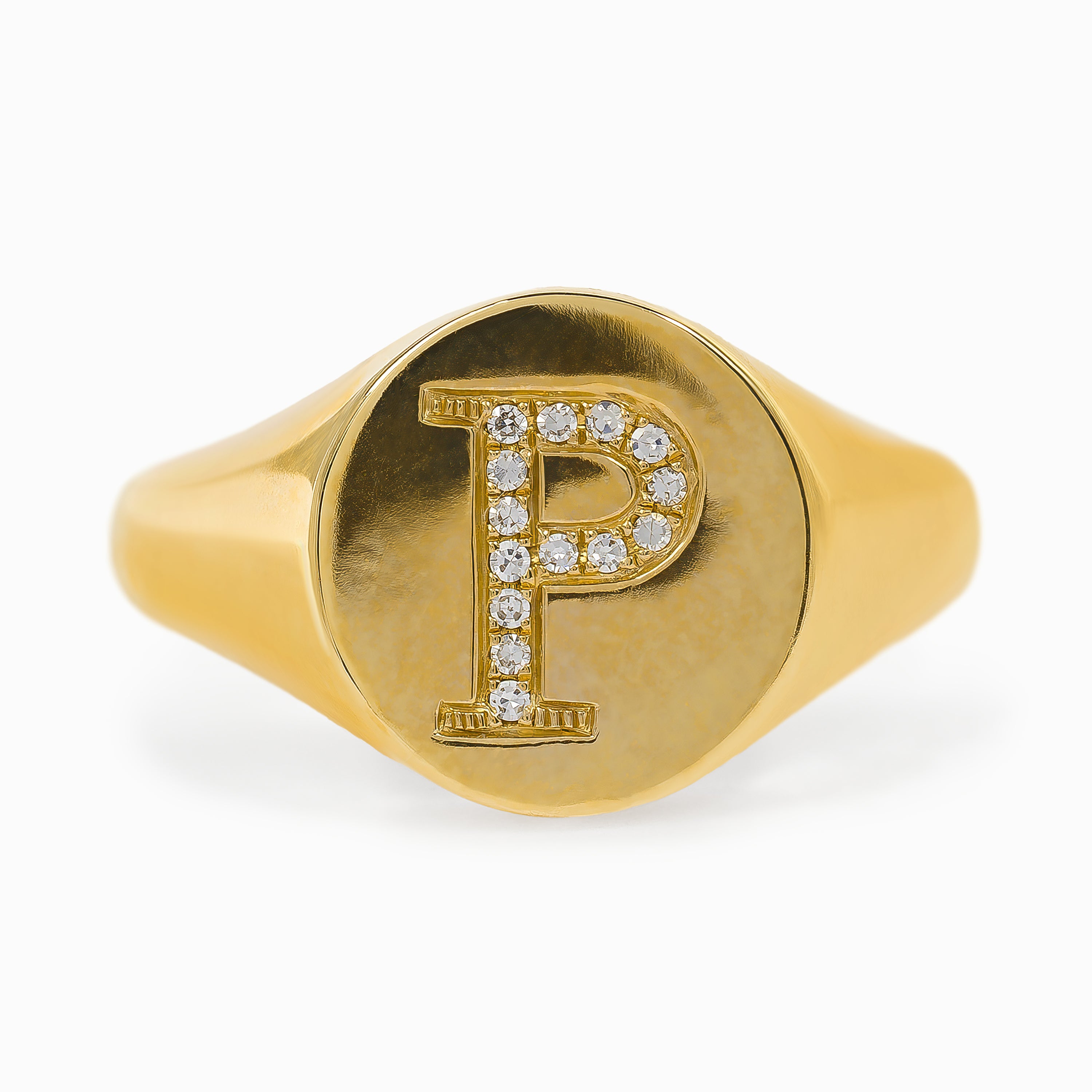 Letter P Yellow Gold Initial Ring with Diamond Only Stones
