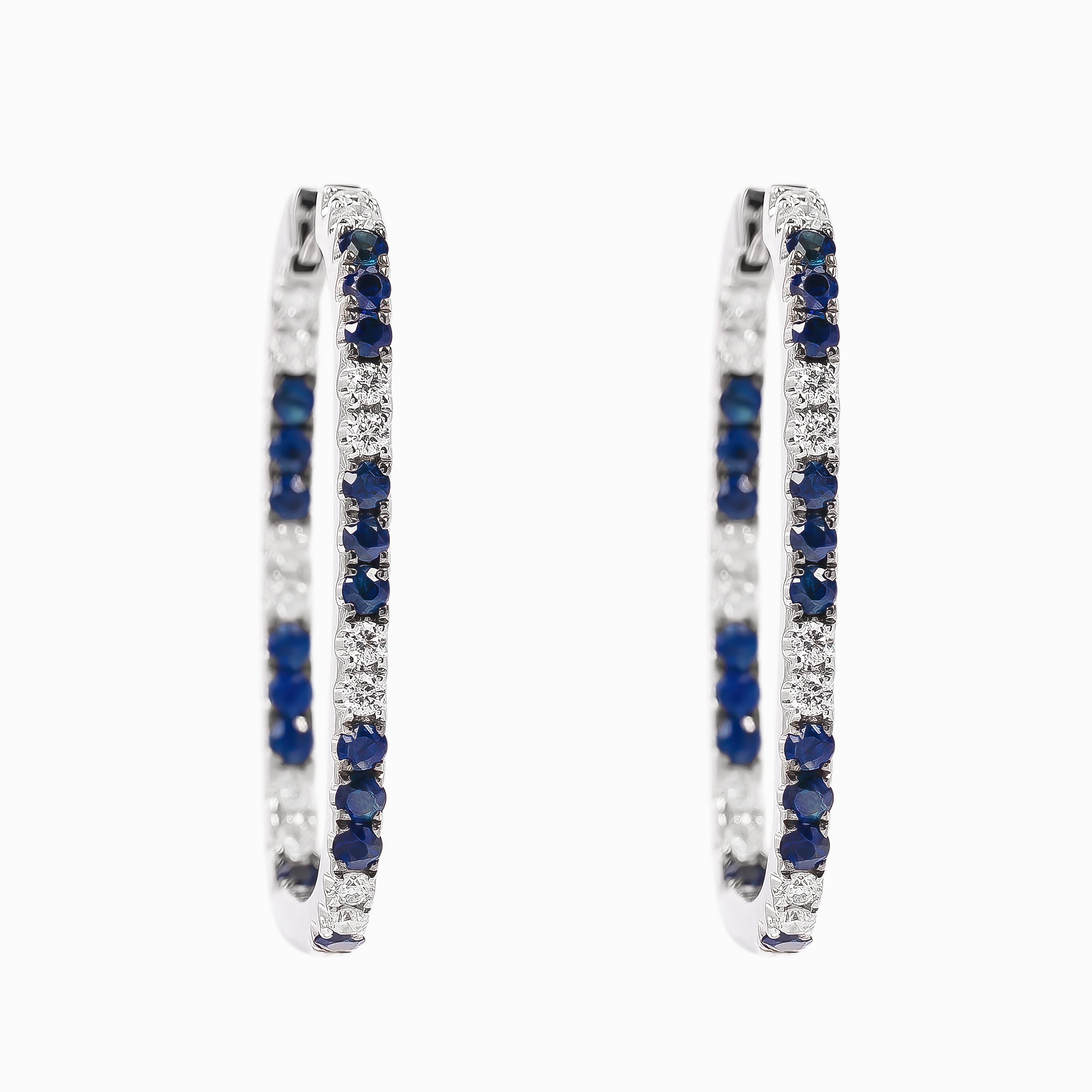 White Gold Hoop Earrings with Diamond, Sapphire Stones