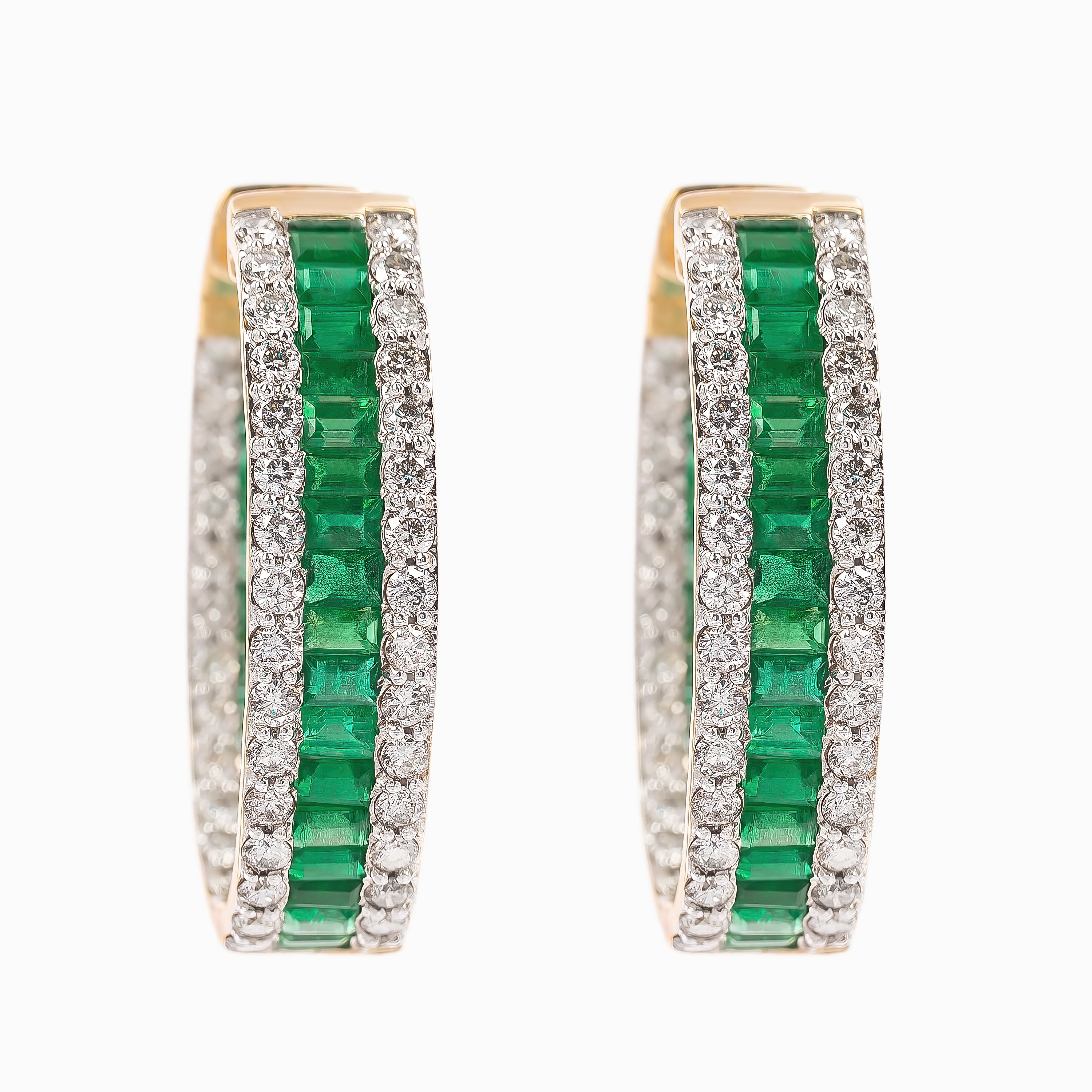 Yellow Gold Hoop Earrings with Diamond, Emerald Stones