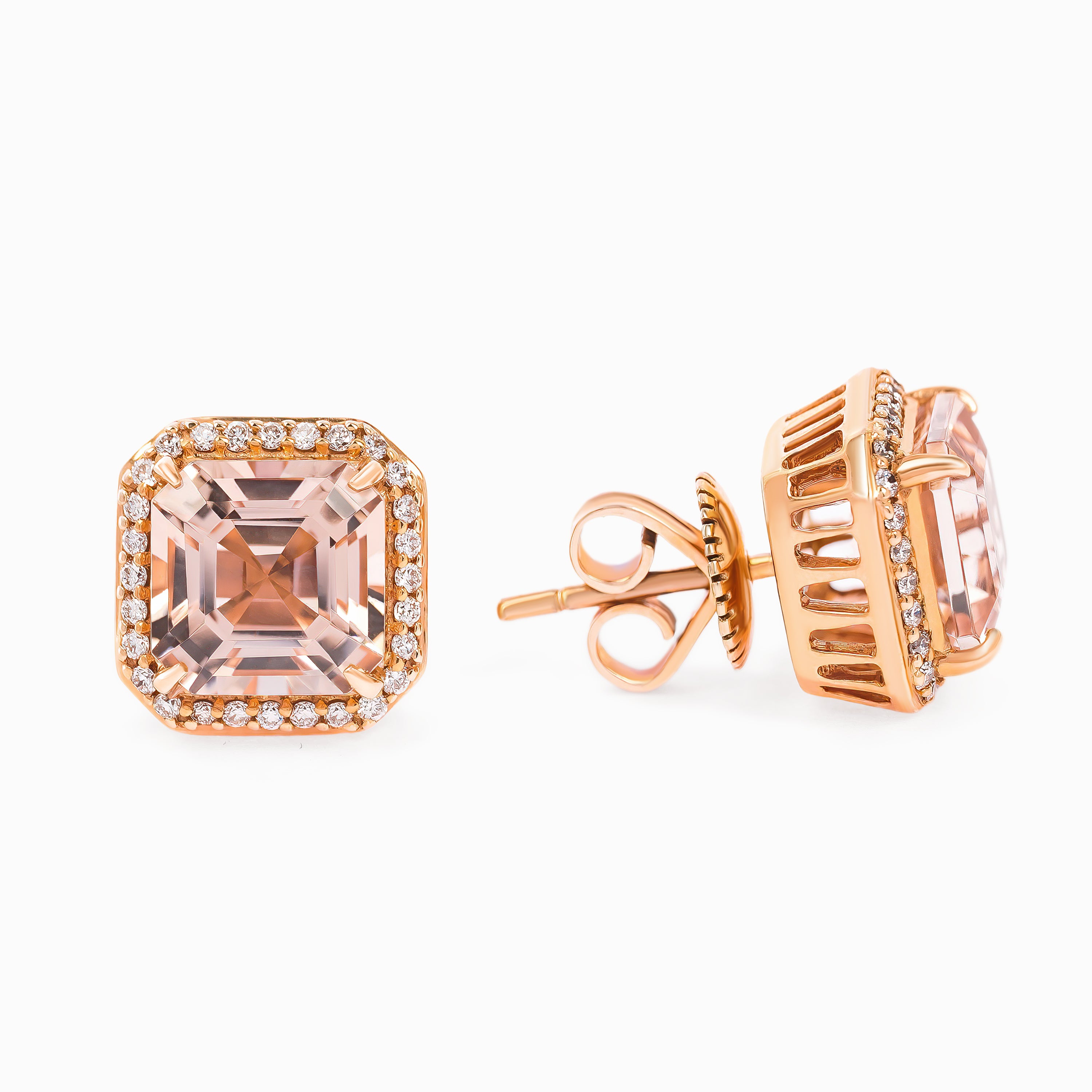 Rose Gold Stud Earrings with Diamond, Morganite Stones
