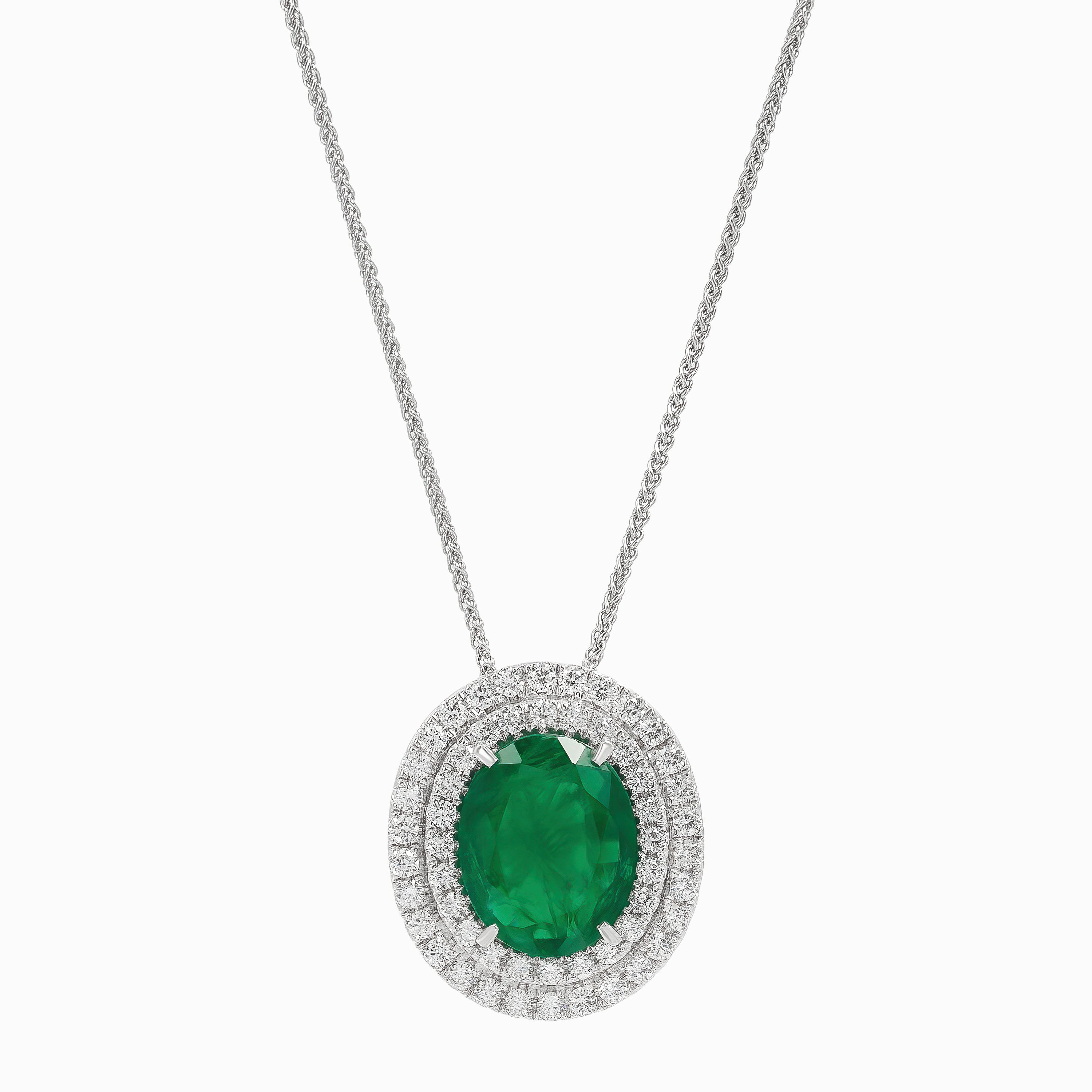 White Gold Pendant Necklace with Diamond, Emerald Stones