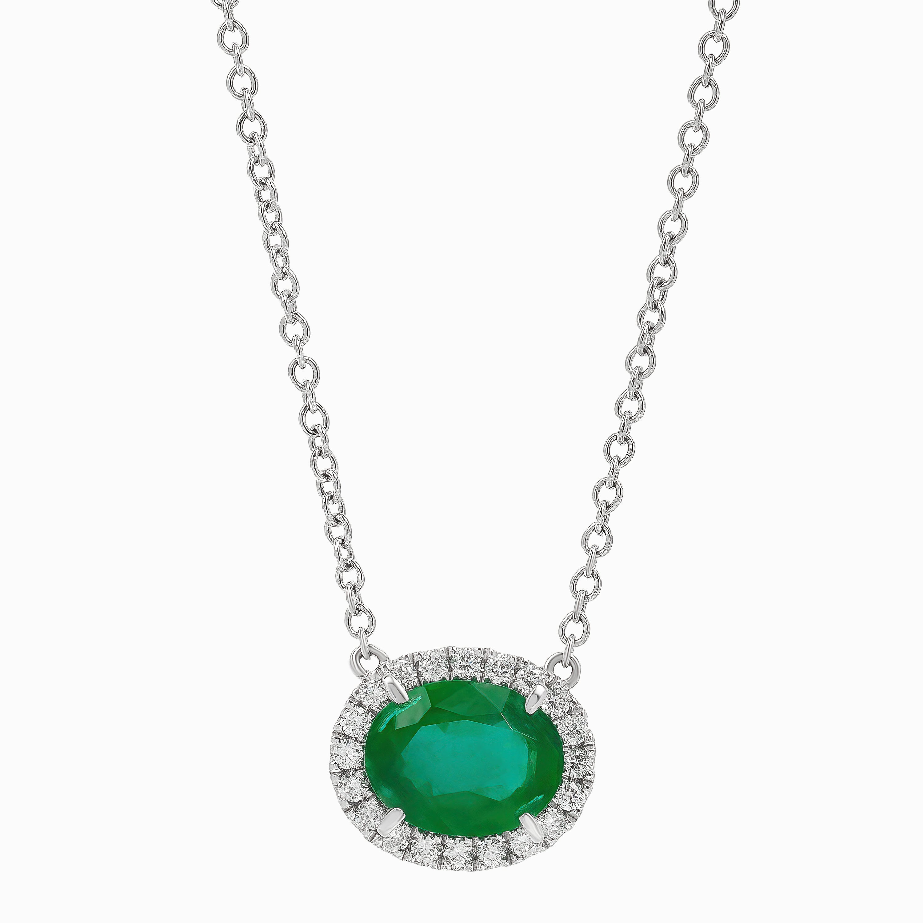 White Gold Pendant Necklace with Diamond, Emerald Stones