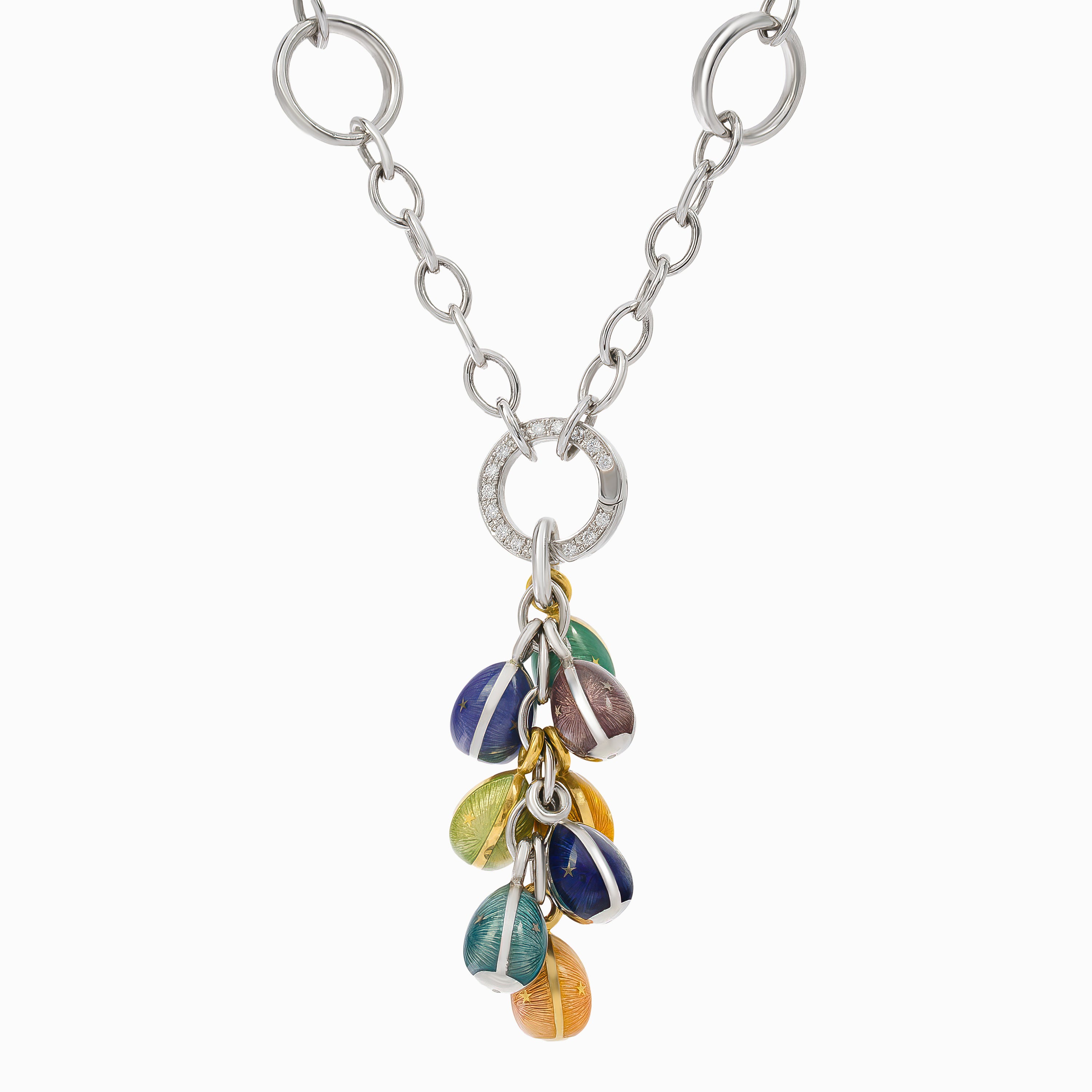 White Gold Chain Pendant Necklace with Diamond, Enamel Stones