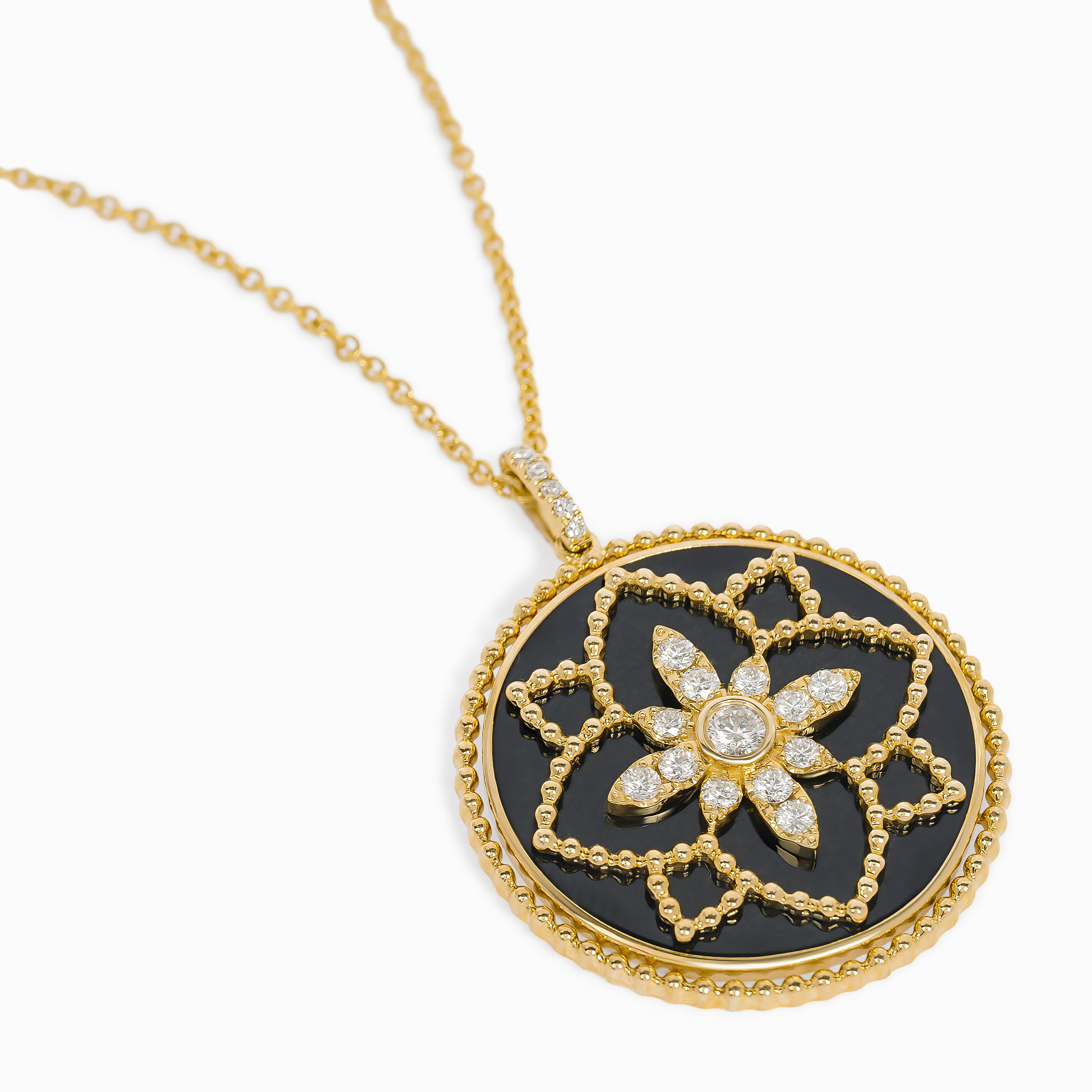Yellow Gold Pendant Necklace with Diamond, Onyx Stones