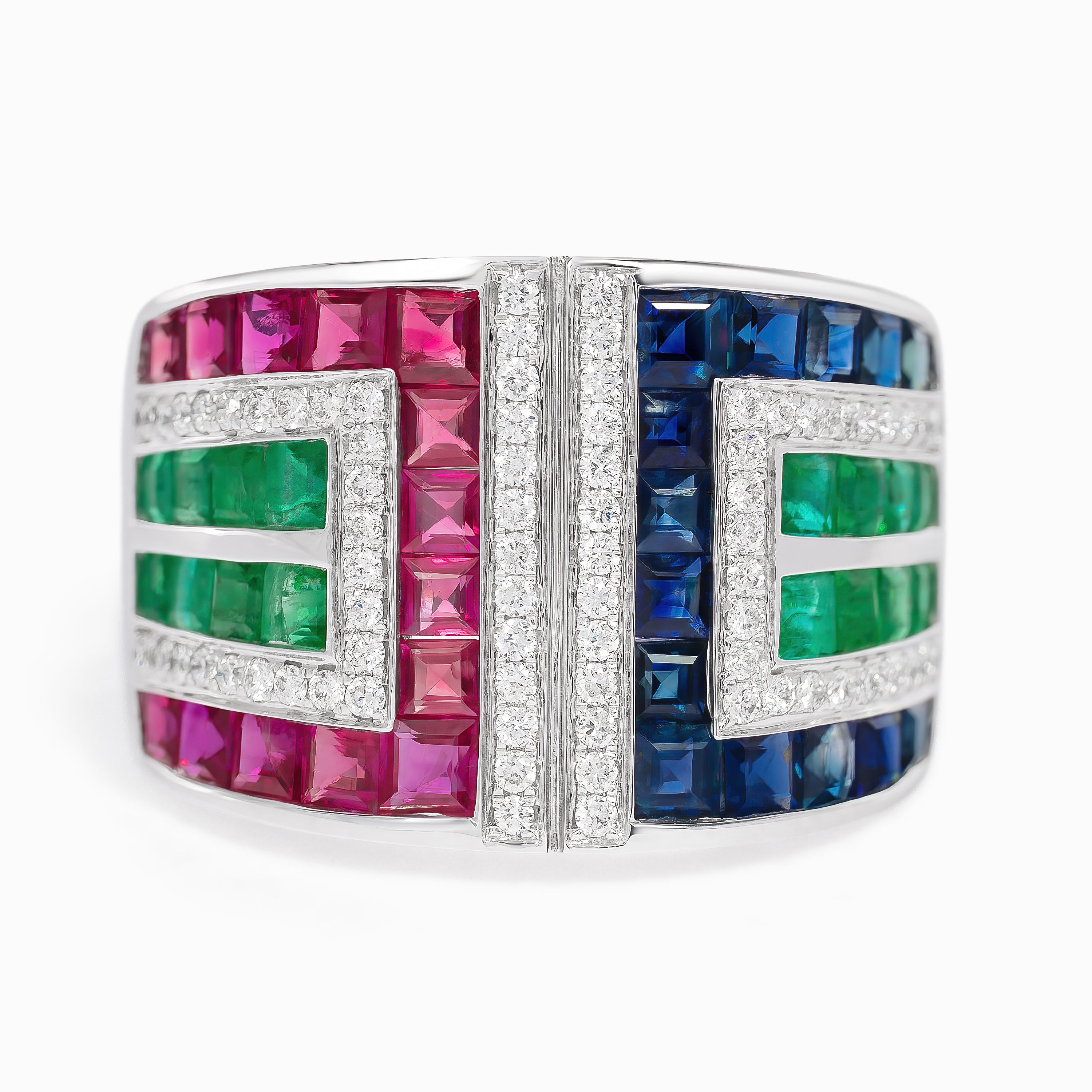 White Gold Ring with Diamond, Emerald, Ruby, Sapphire Stones