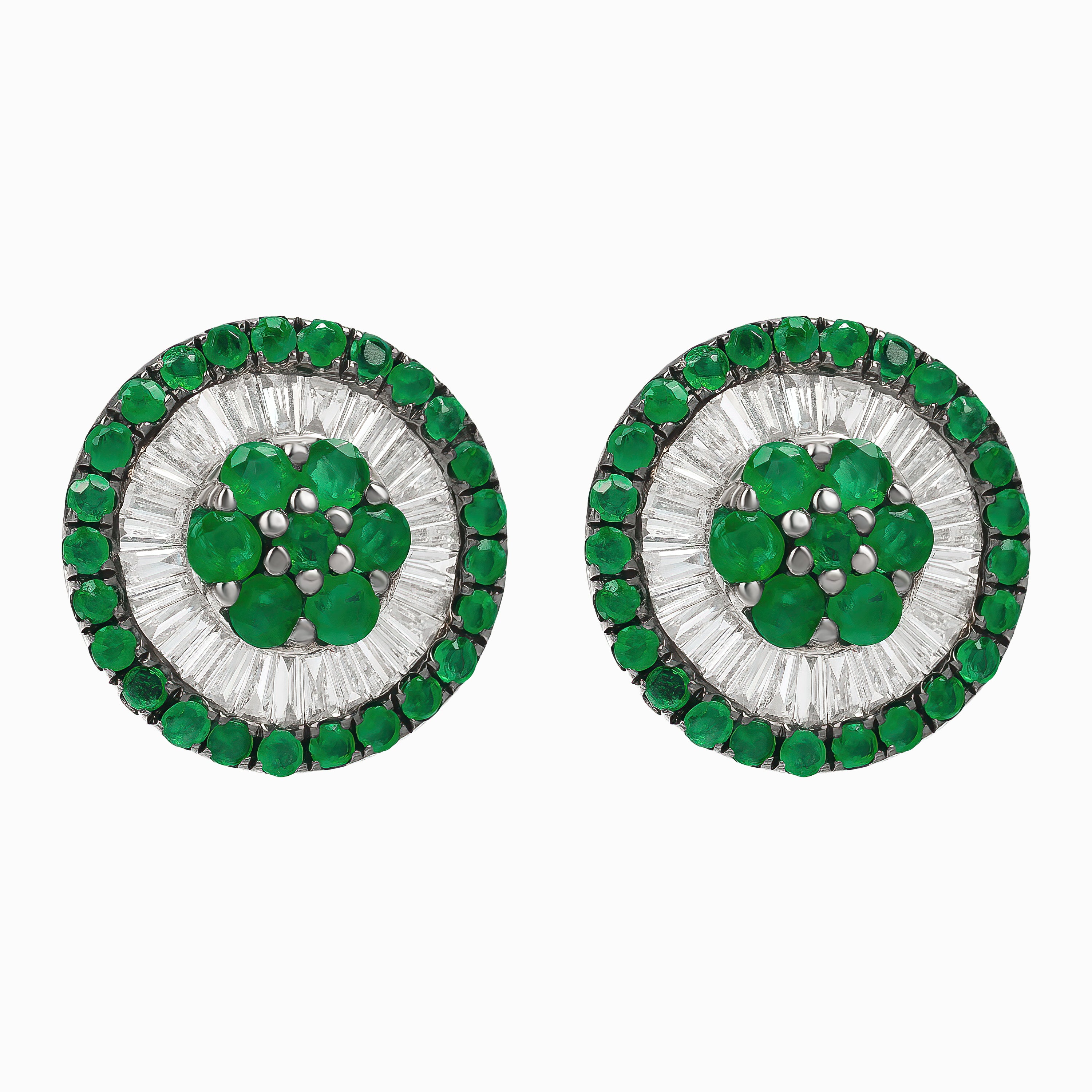 White Gold Stud Earrings with Diamond, Emerald Stones