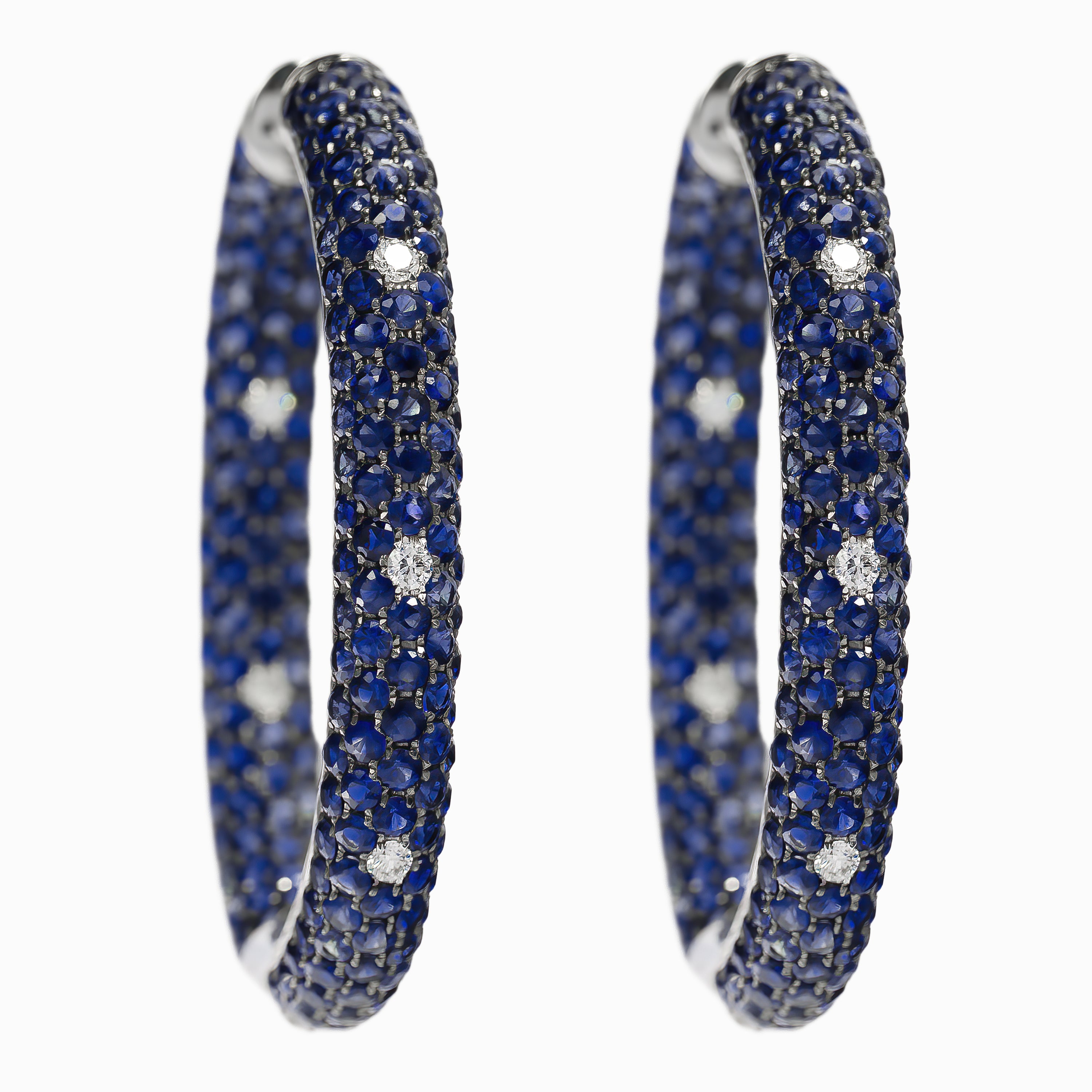 White Gold Hoop Earrings with Diamond, Sapphire Stones