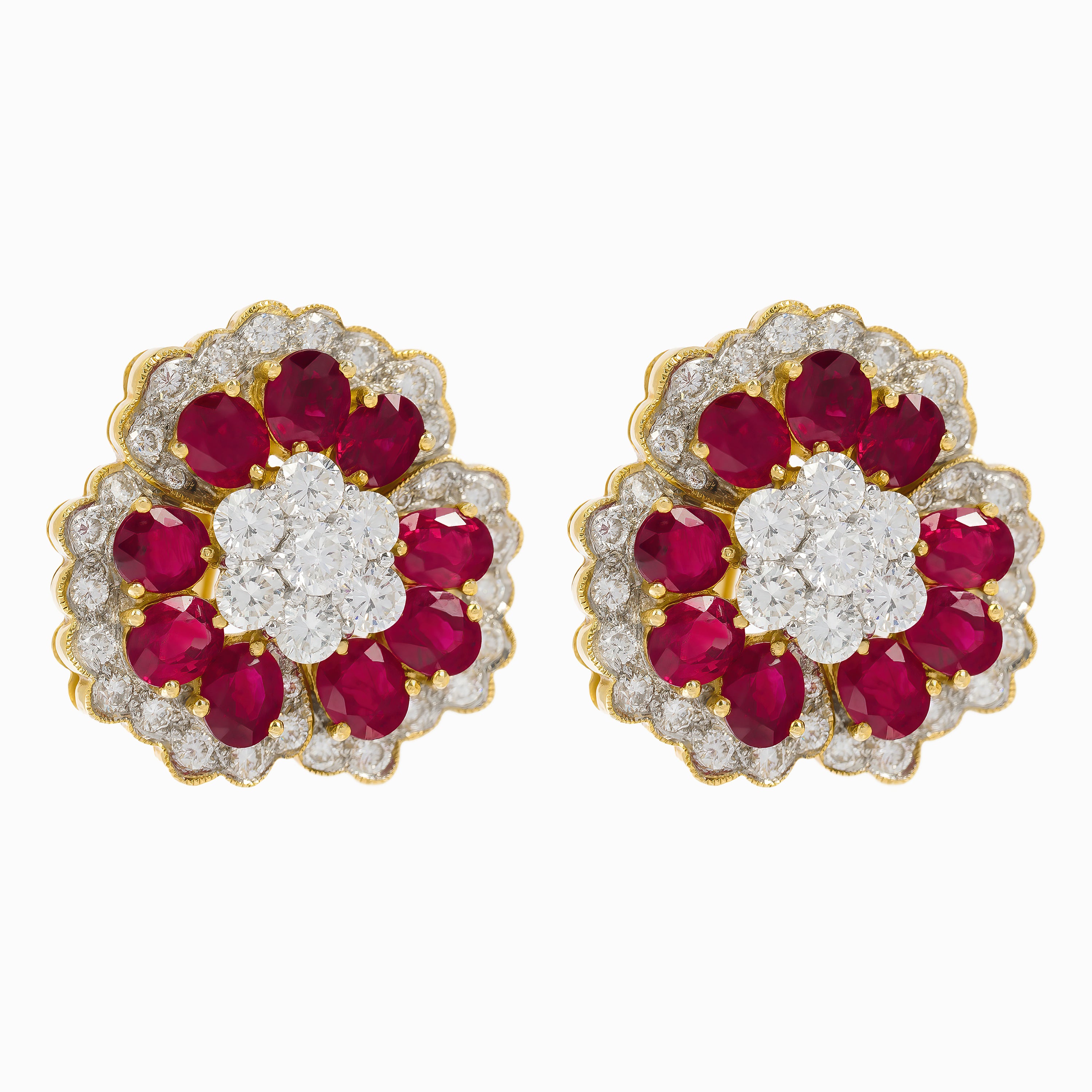Yellow Gold Stud Earrings with Diamond, Ruby Stones