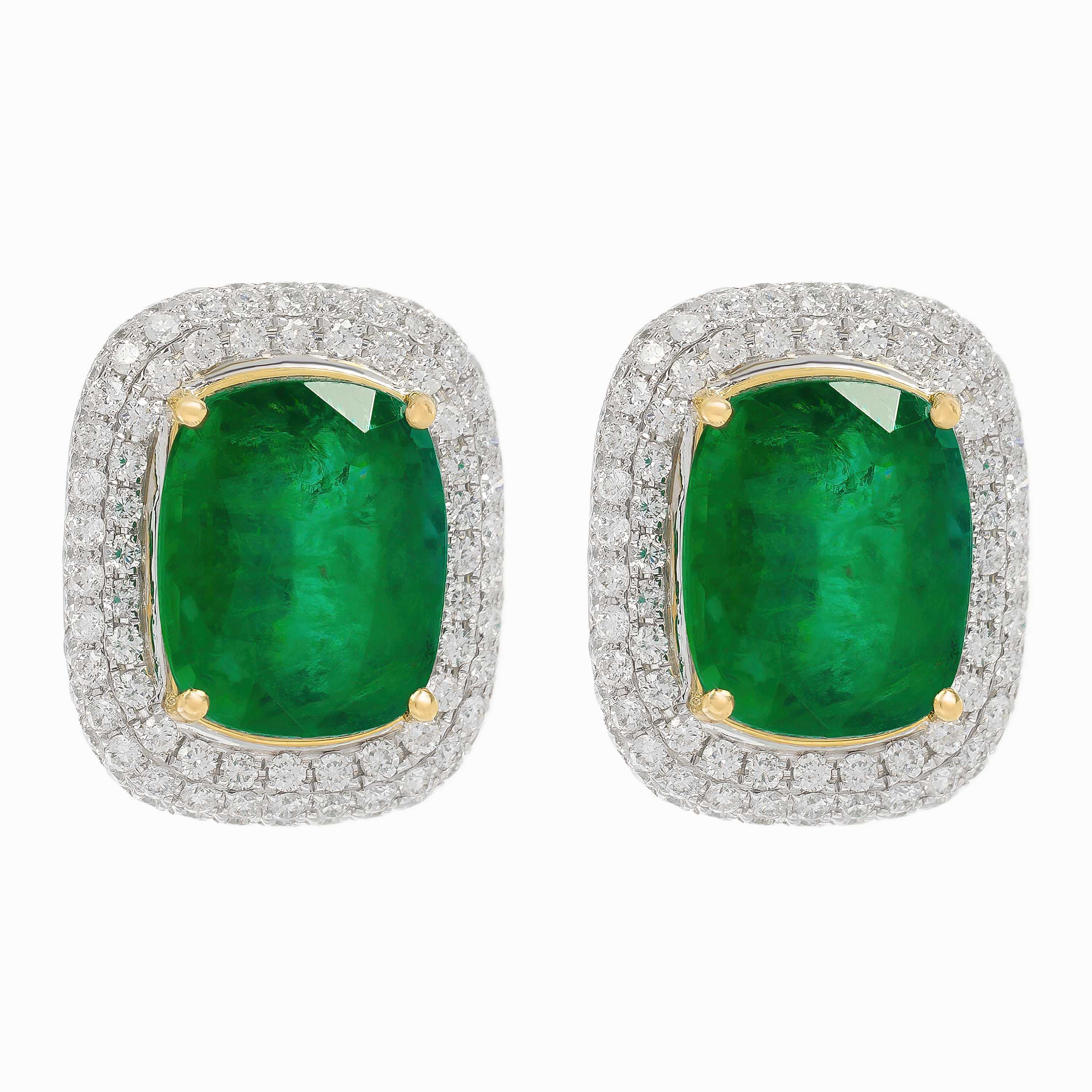 White Gold Stud Band Earrings with Diamond, Emerald Stones