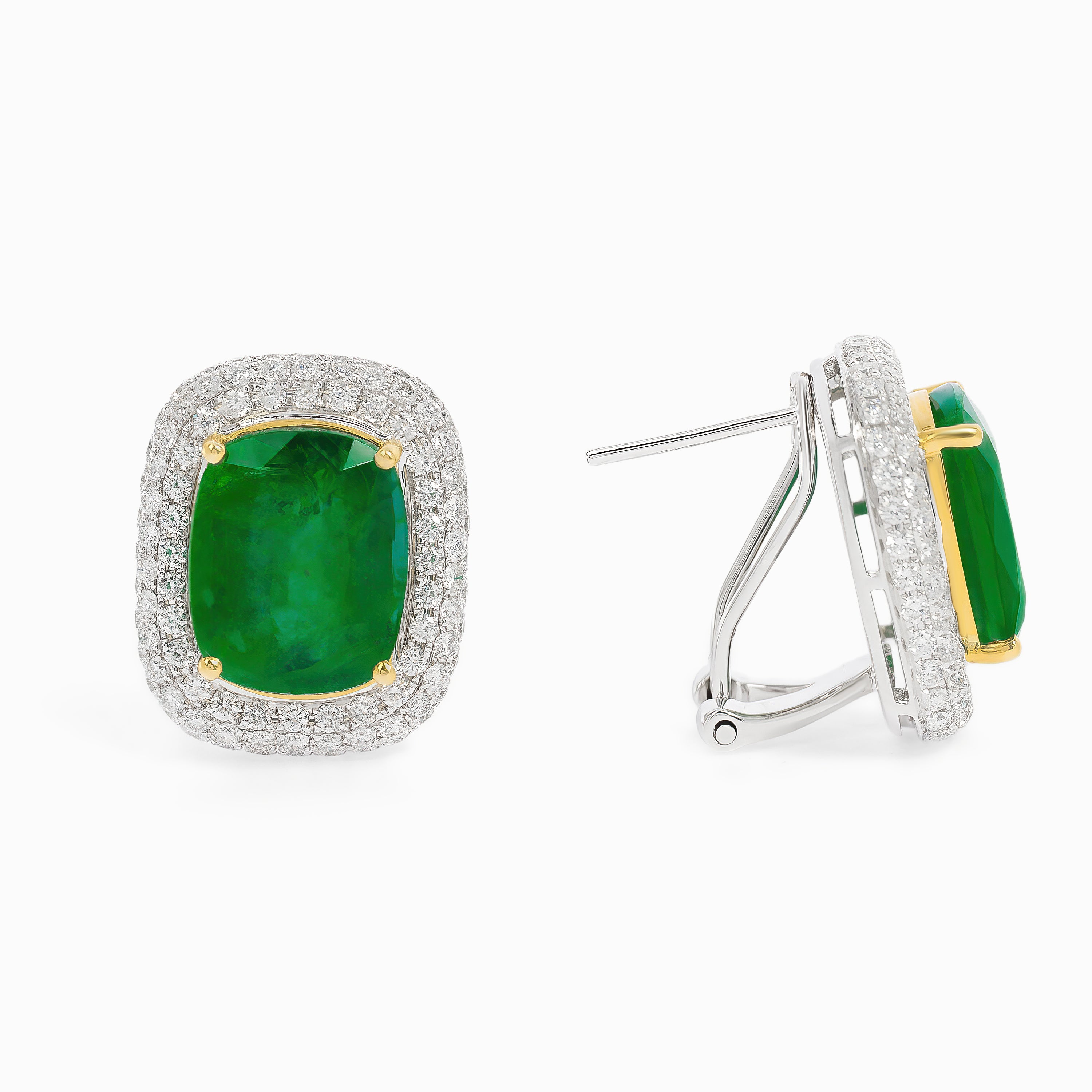 White Gold Stud Band Earrings with Diamond, Emerald Stones