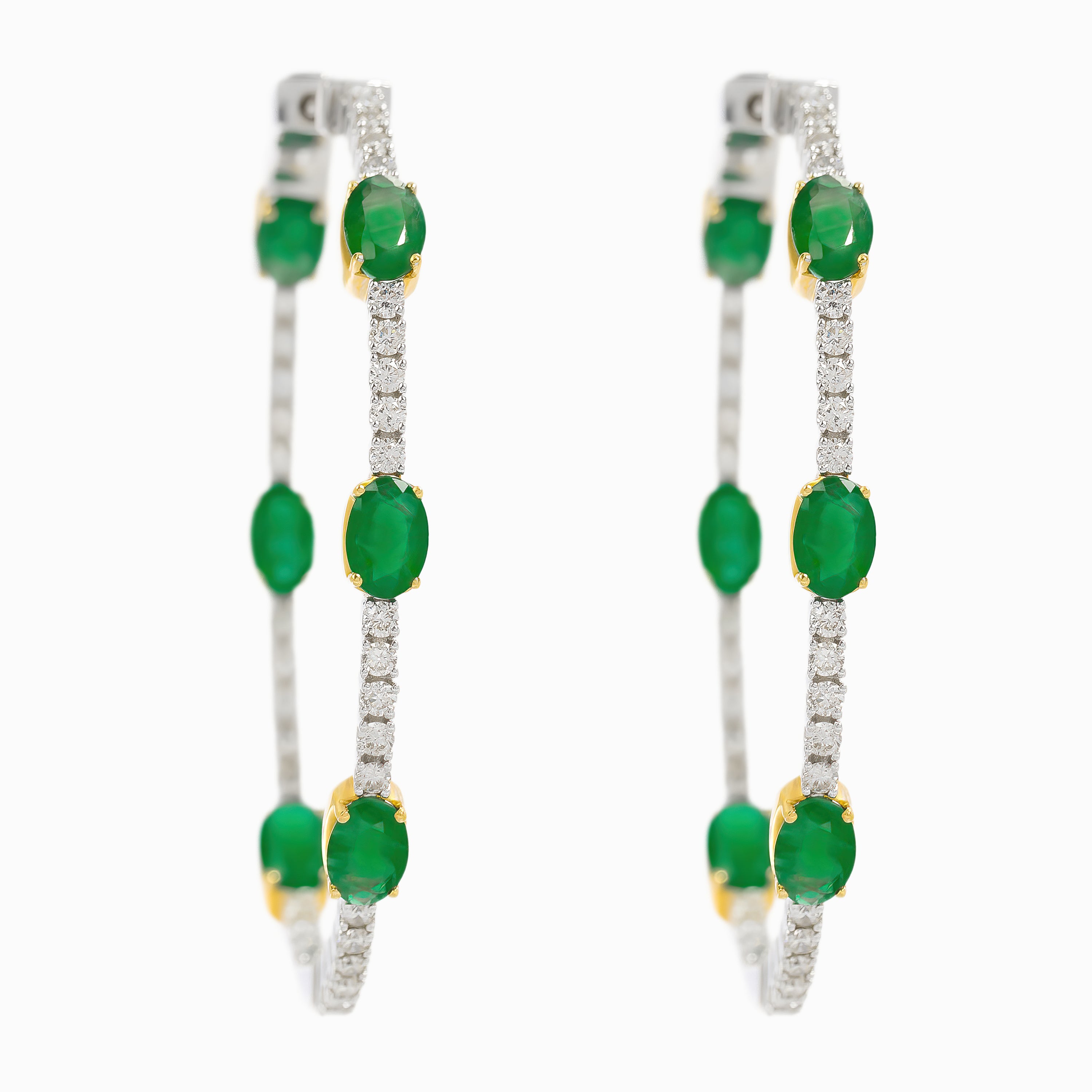Yellow Gold White Gold Hoop Earrings with Diamond, Emerald Stones