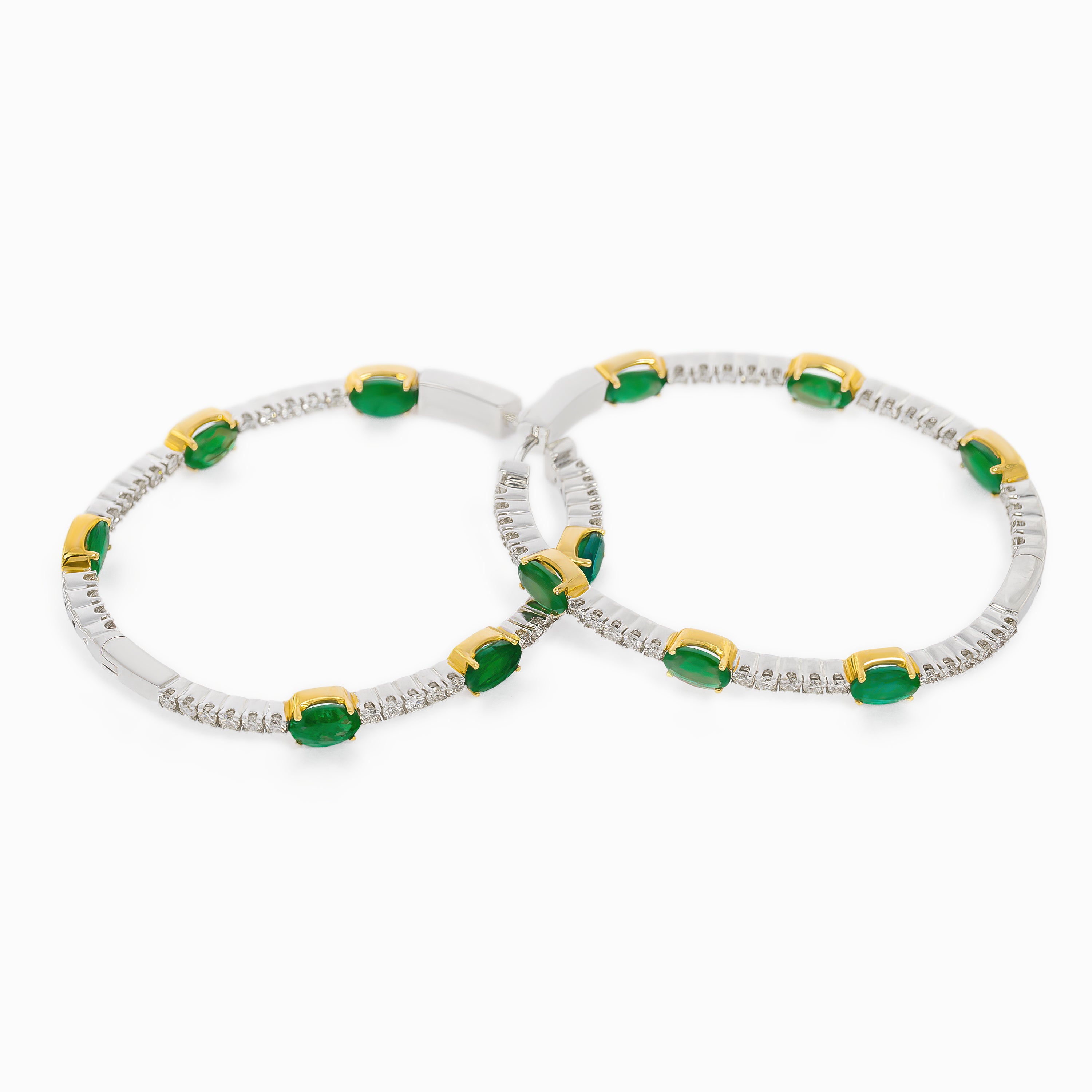 Yellow Gold White Gold Hoop Earrings with Diamond, Emerald Stones