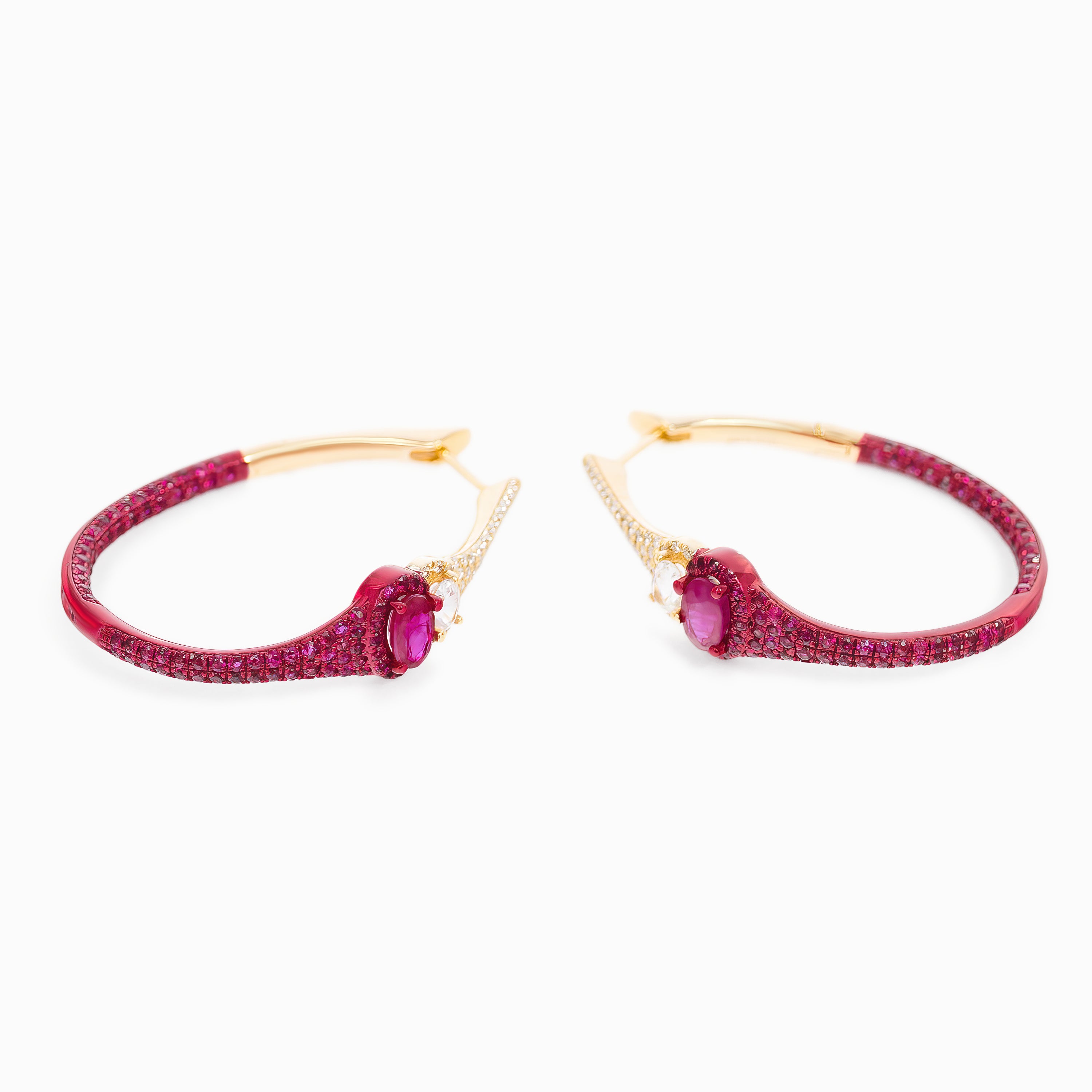 Yellow Gold Hoop Earrings with Diamond, Ruby Stones