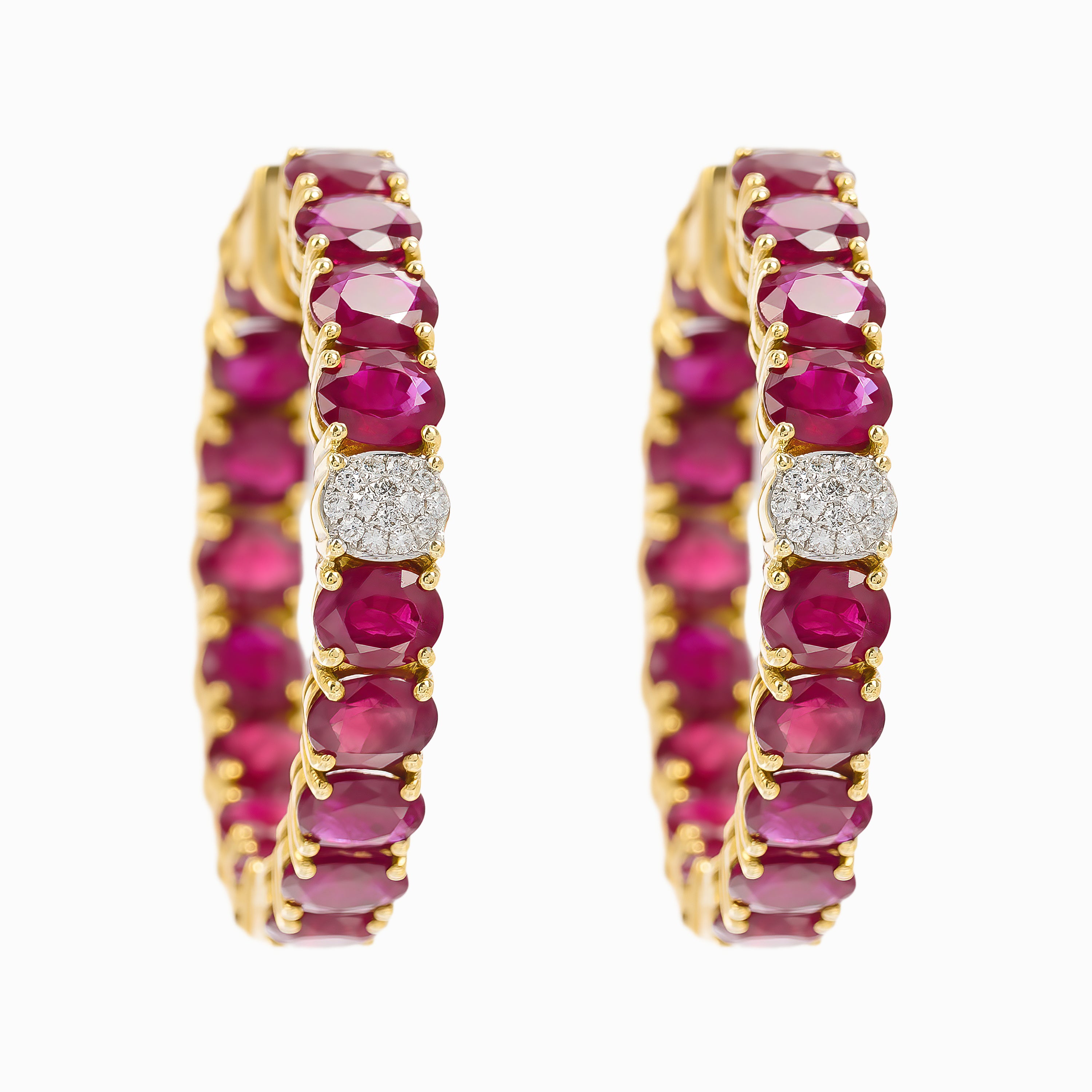 Yellow Gold Hoop Earrings with Diamond, Ruby Stones