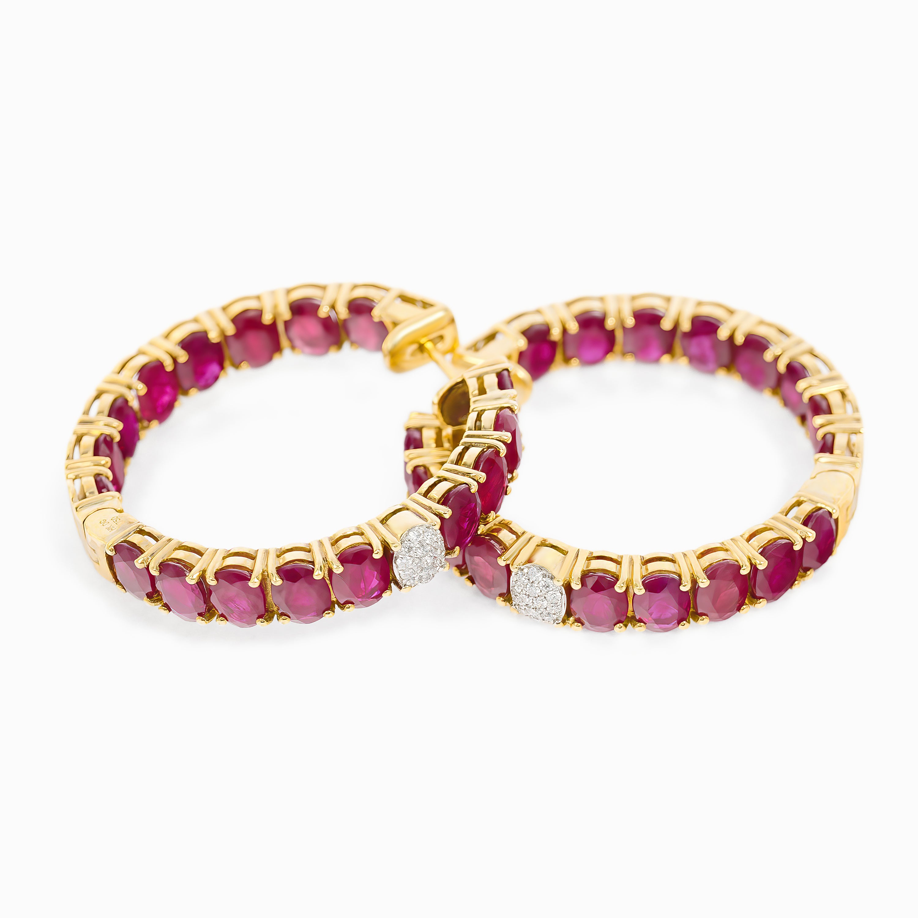 Yellow Gold Hoop Earrings with Diamond, Ruby Stones