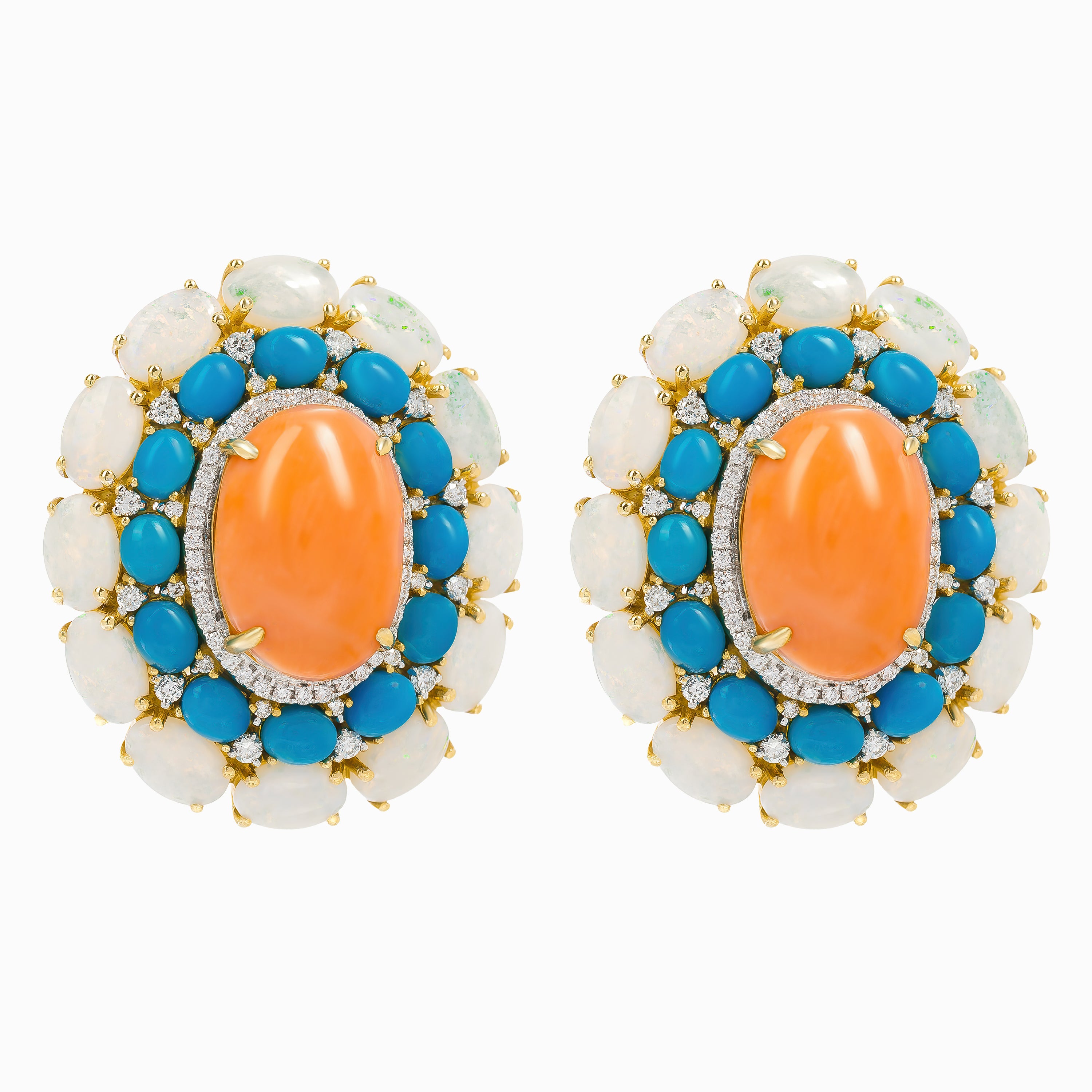 Yellow Gold Stud Earrings with Coral, Diamond, Opal, Turquoise Stones