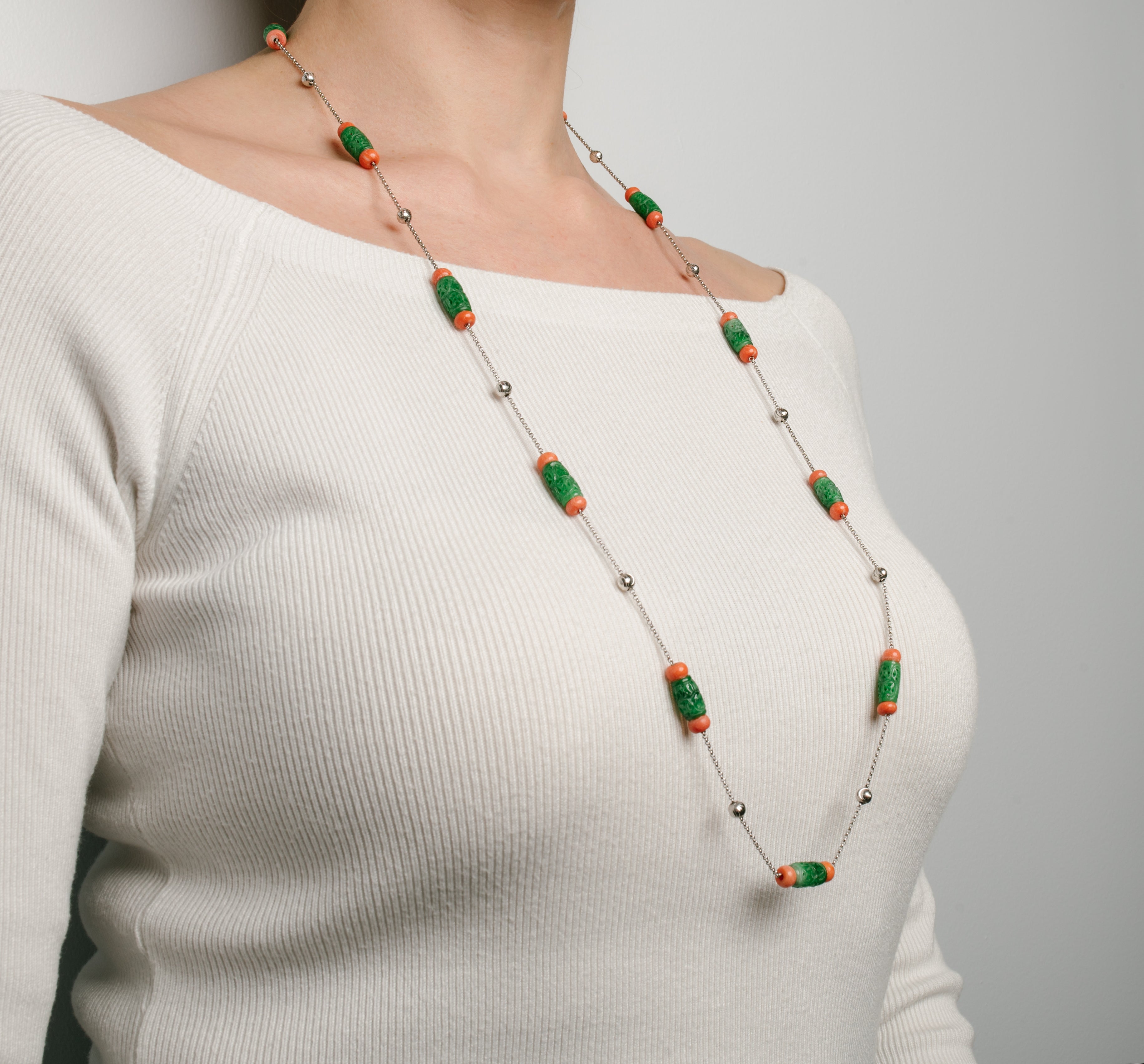 White Gold Chain Necklace with Coral, Jade Stones