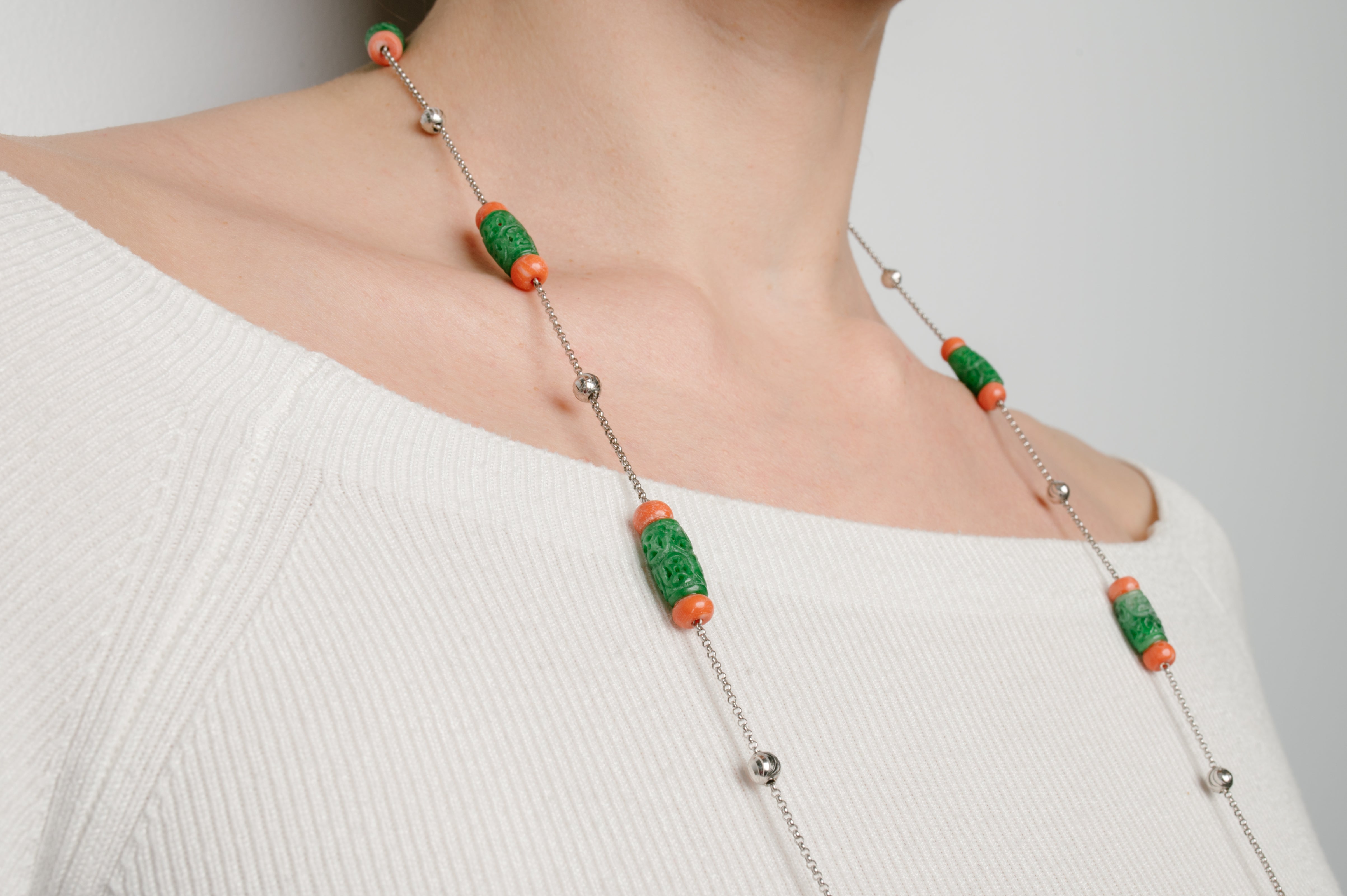 White Gold Chain Necklace with Coral, Jade Stones