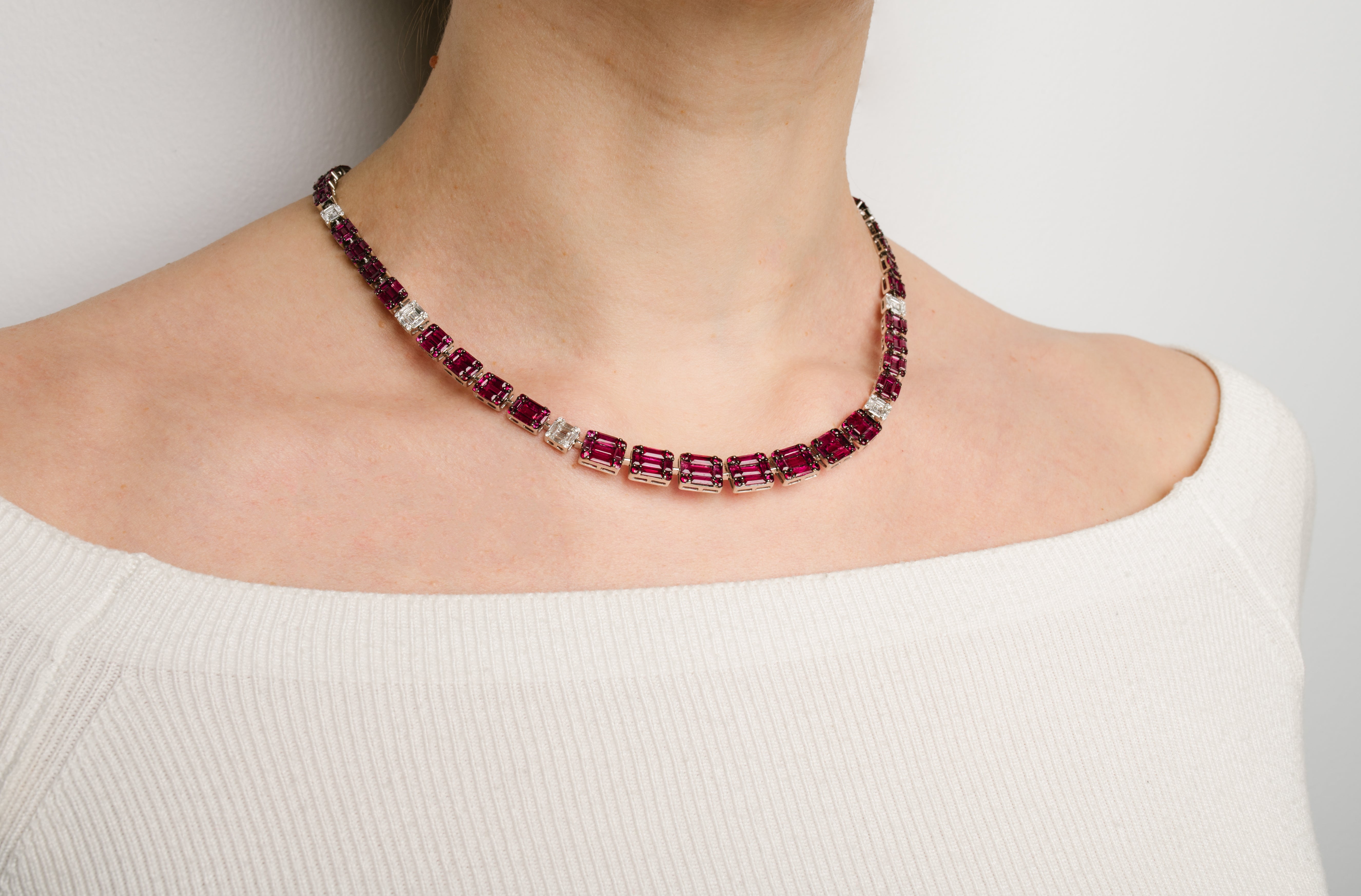 White Gold Gemstone Necklace with Diamond, Ruby Stones