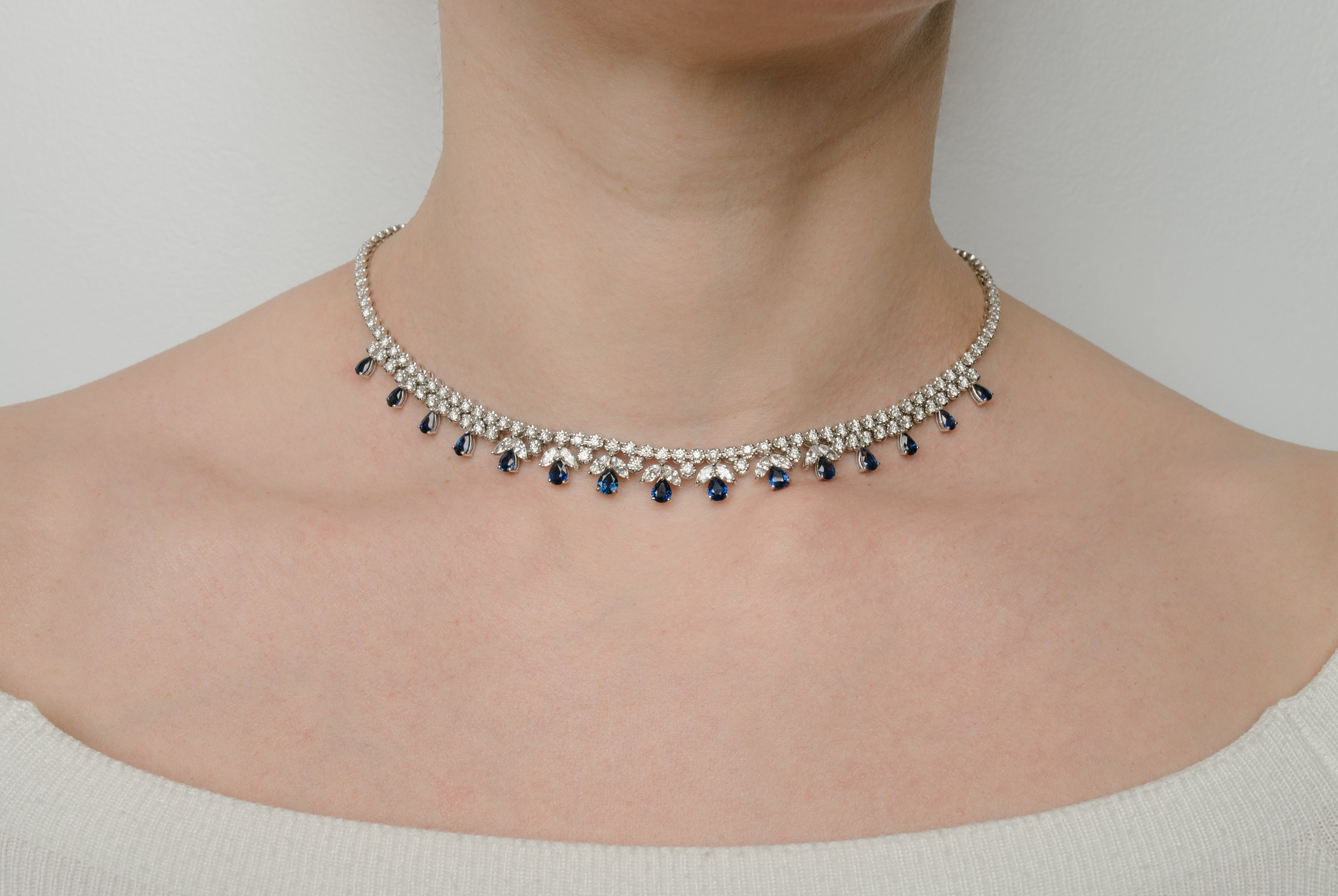 White Gold Tennis Gemstone Necklace with Diamond, Sapphire Stones