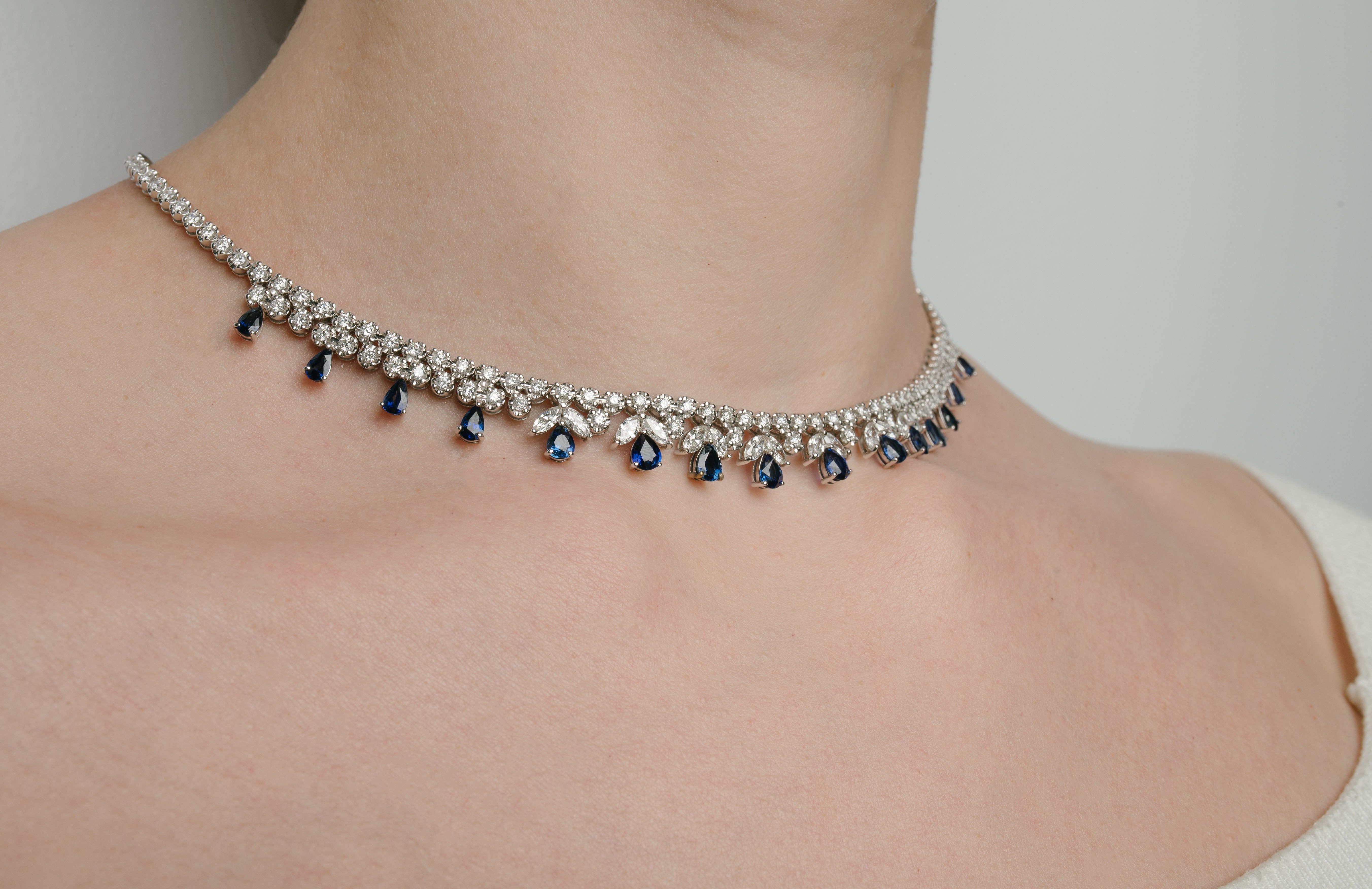 White Gold Tennis Gemstone Necklace with Diamond, Sapphire Stones