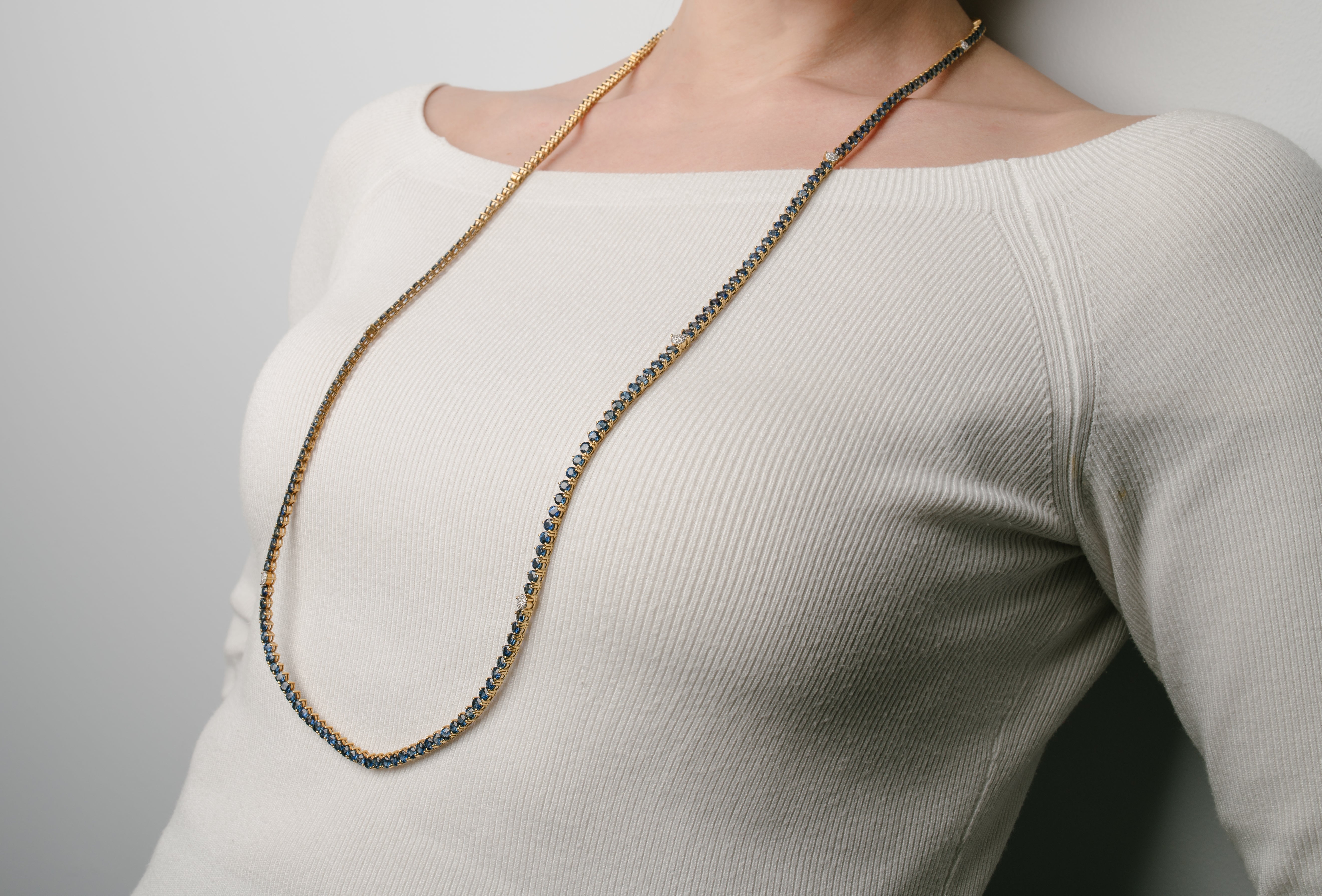 Yellow Gold Tennis Gemstone Necklace with Diamond, Sapphire Stones
