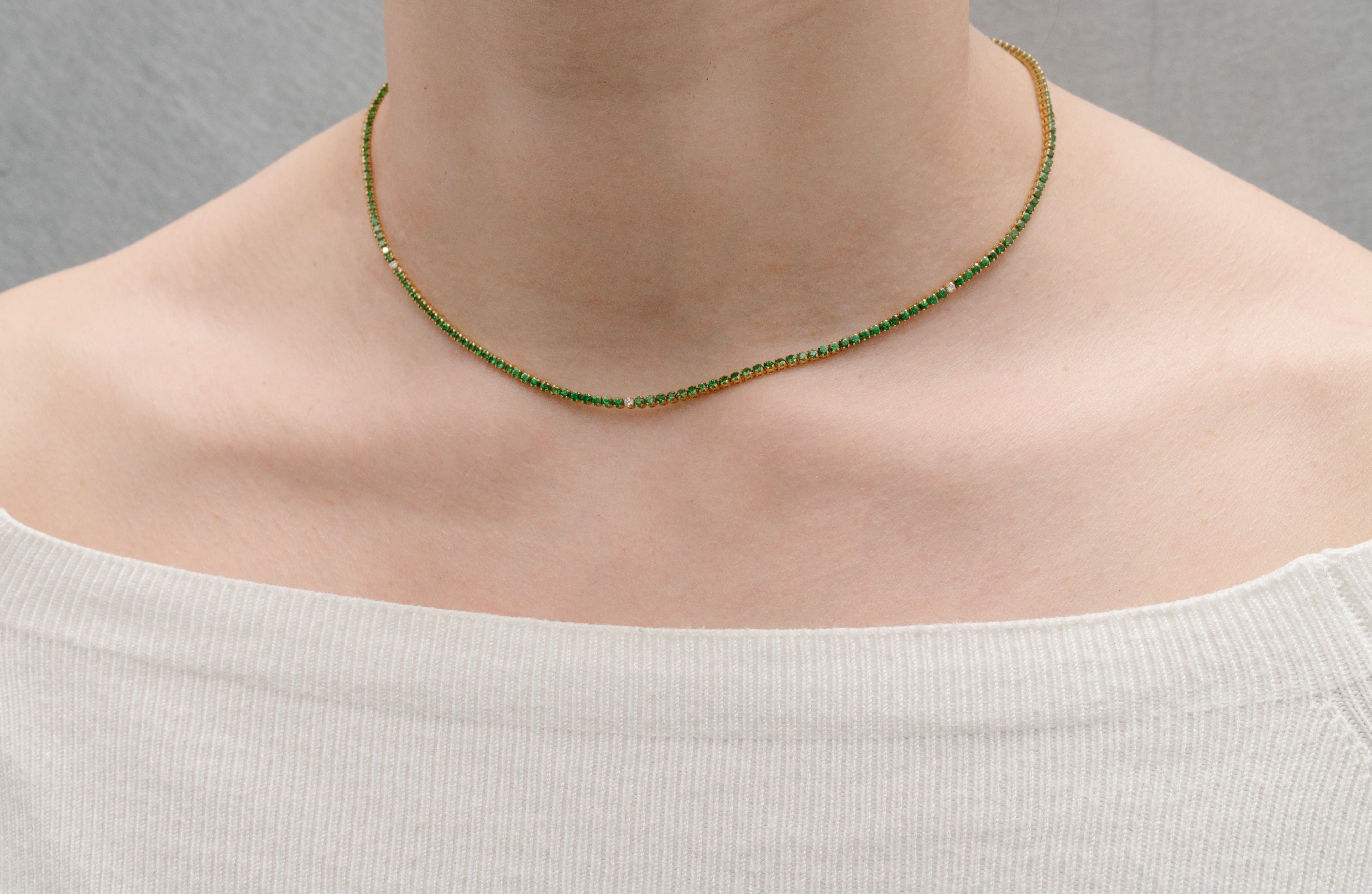 Yellow Gold Tennis Necklace with Diamond, Emerald Stones