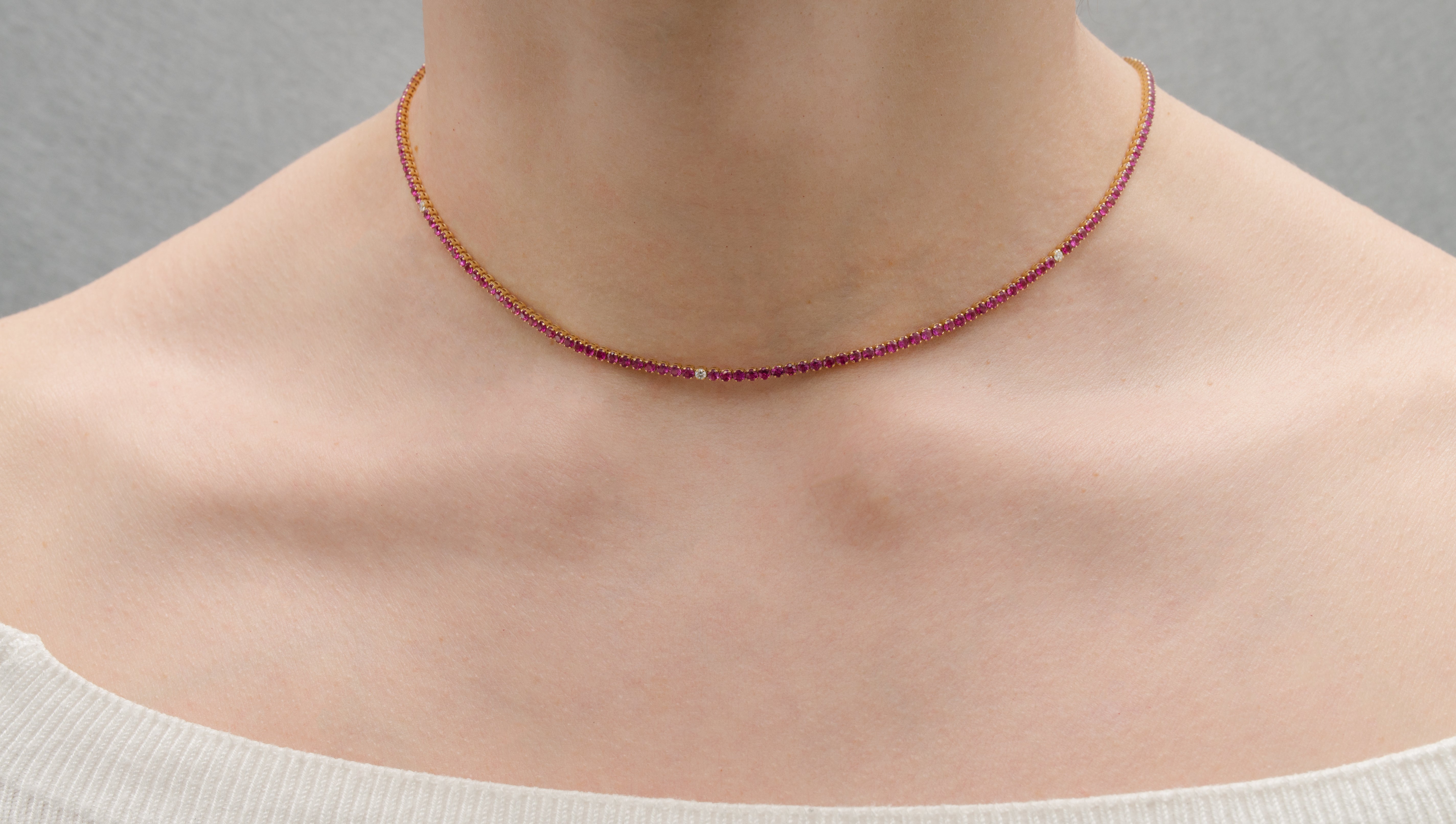 Yellow Gold Tennis Necklace with Ruby Stones