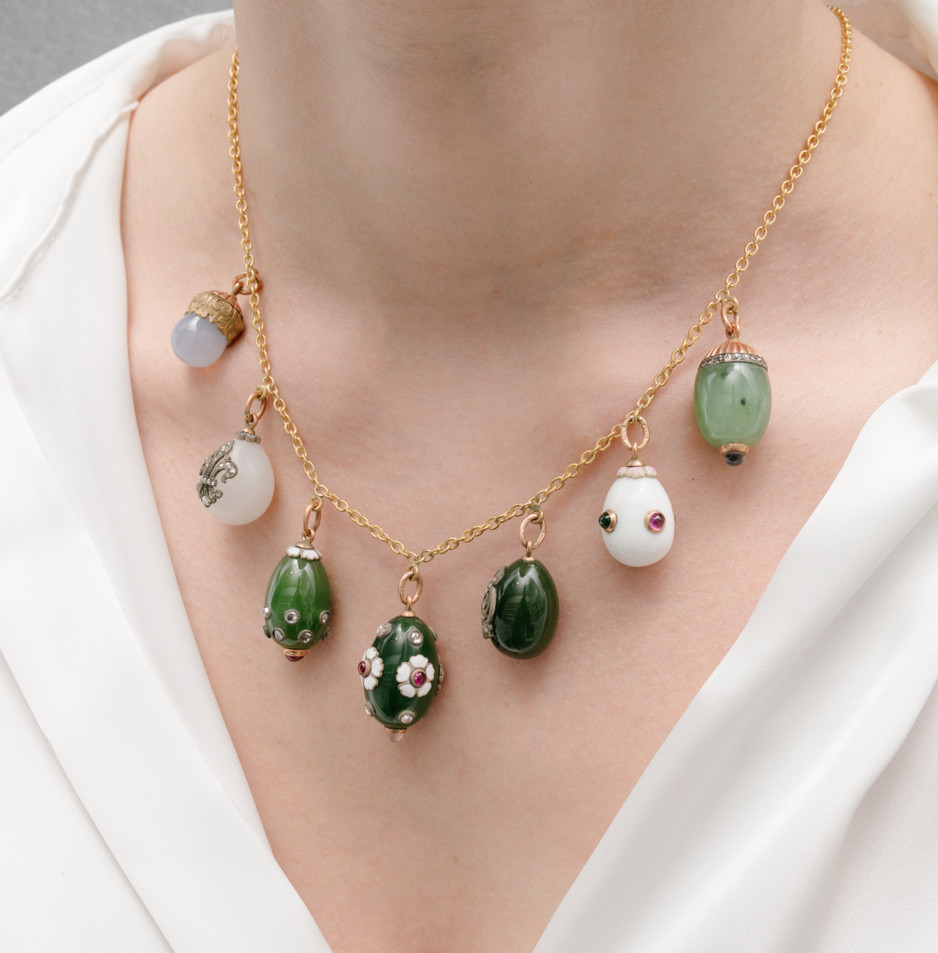 Yellow Gold Chain Pendant Necklace with Crystal, Diamond, Jade, Ruby, Sapphire, Enamel Stones