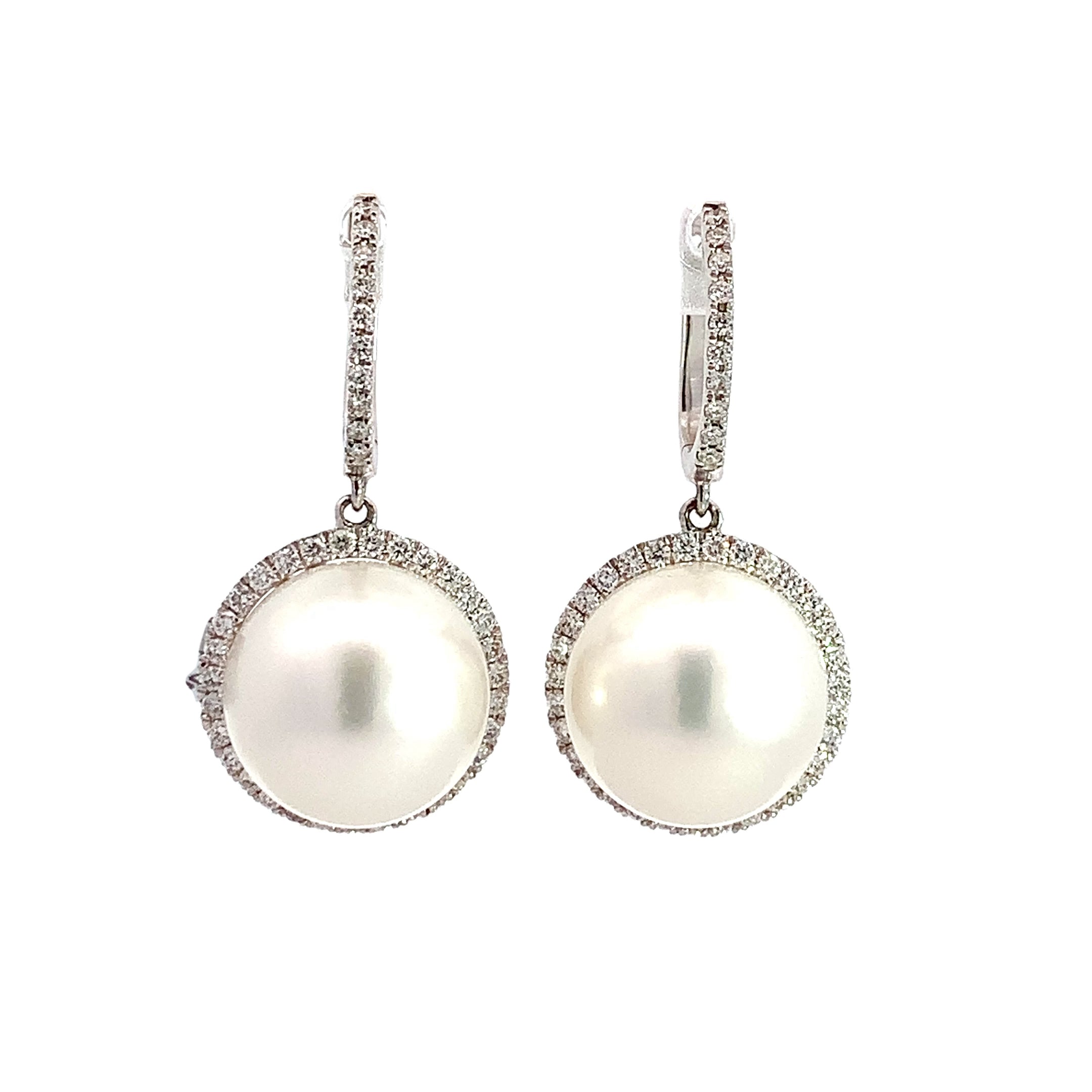 White Gold Drop Earrings with Diamond, Pearl Stones