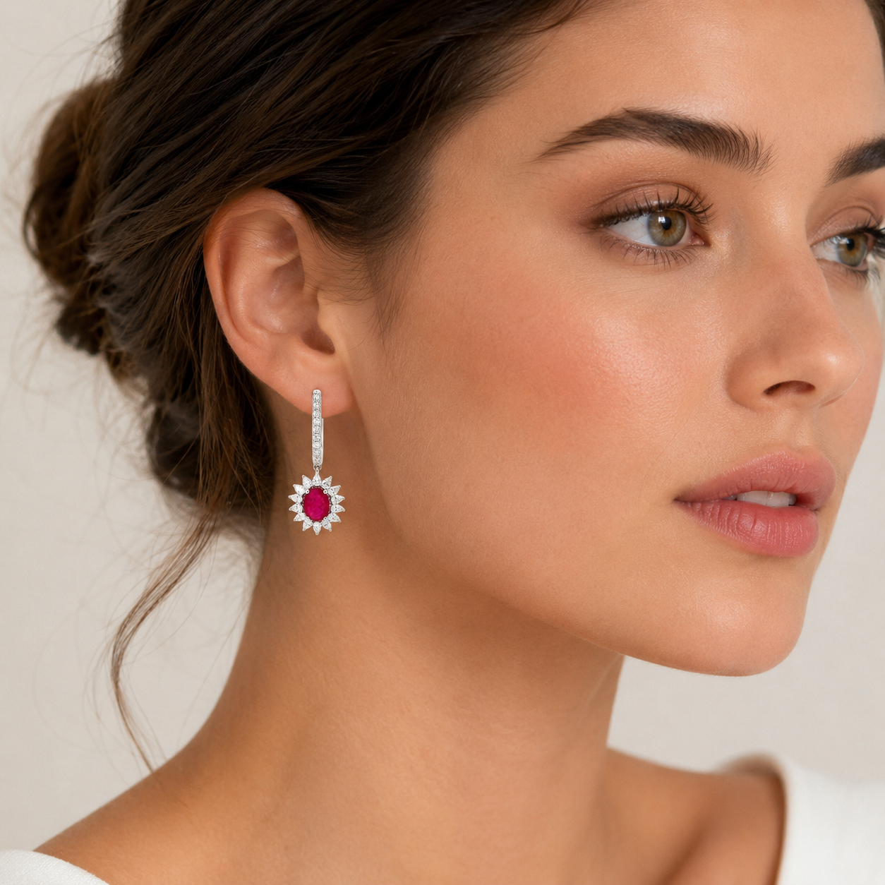 White Gold Ruby and Diamond Earrings