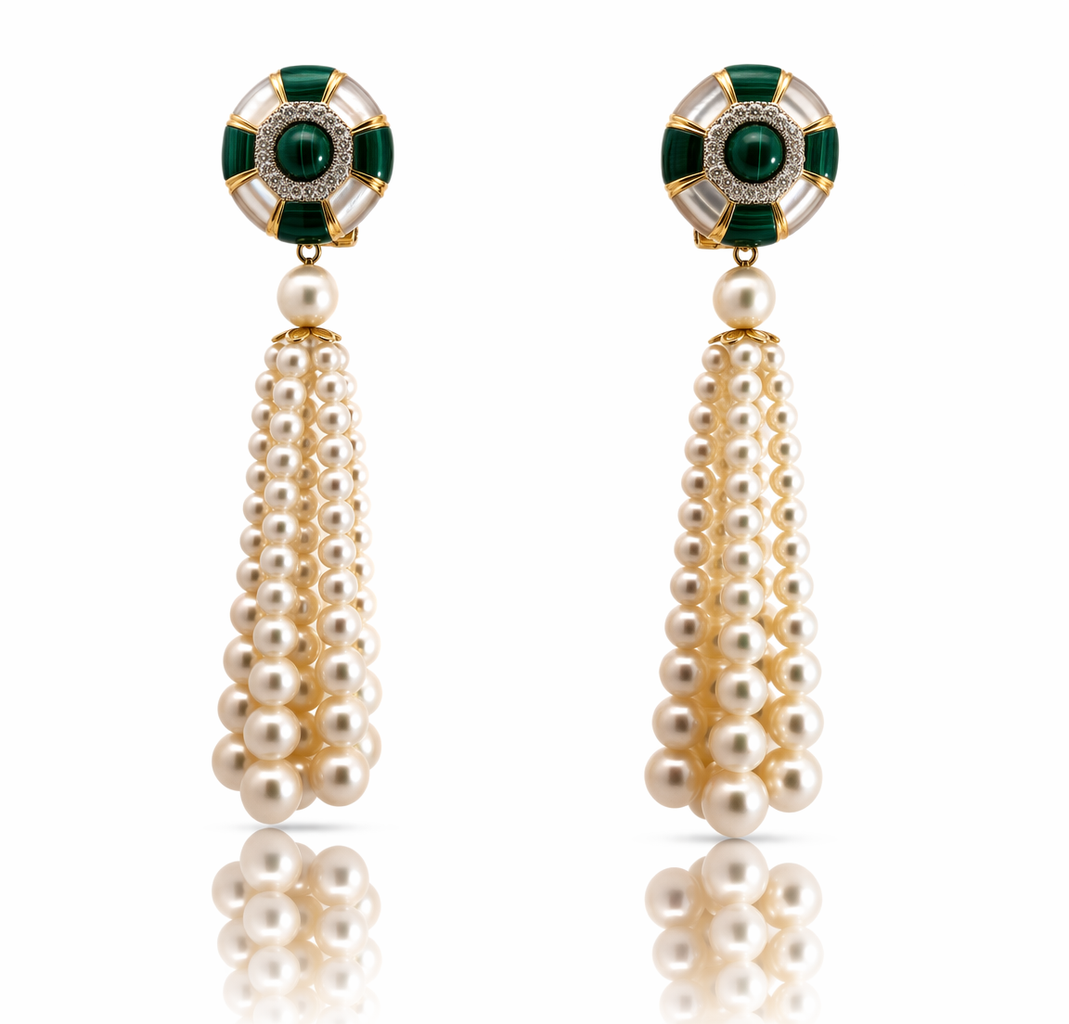 Malachite, Mother of pearl and Diamond Earrings