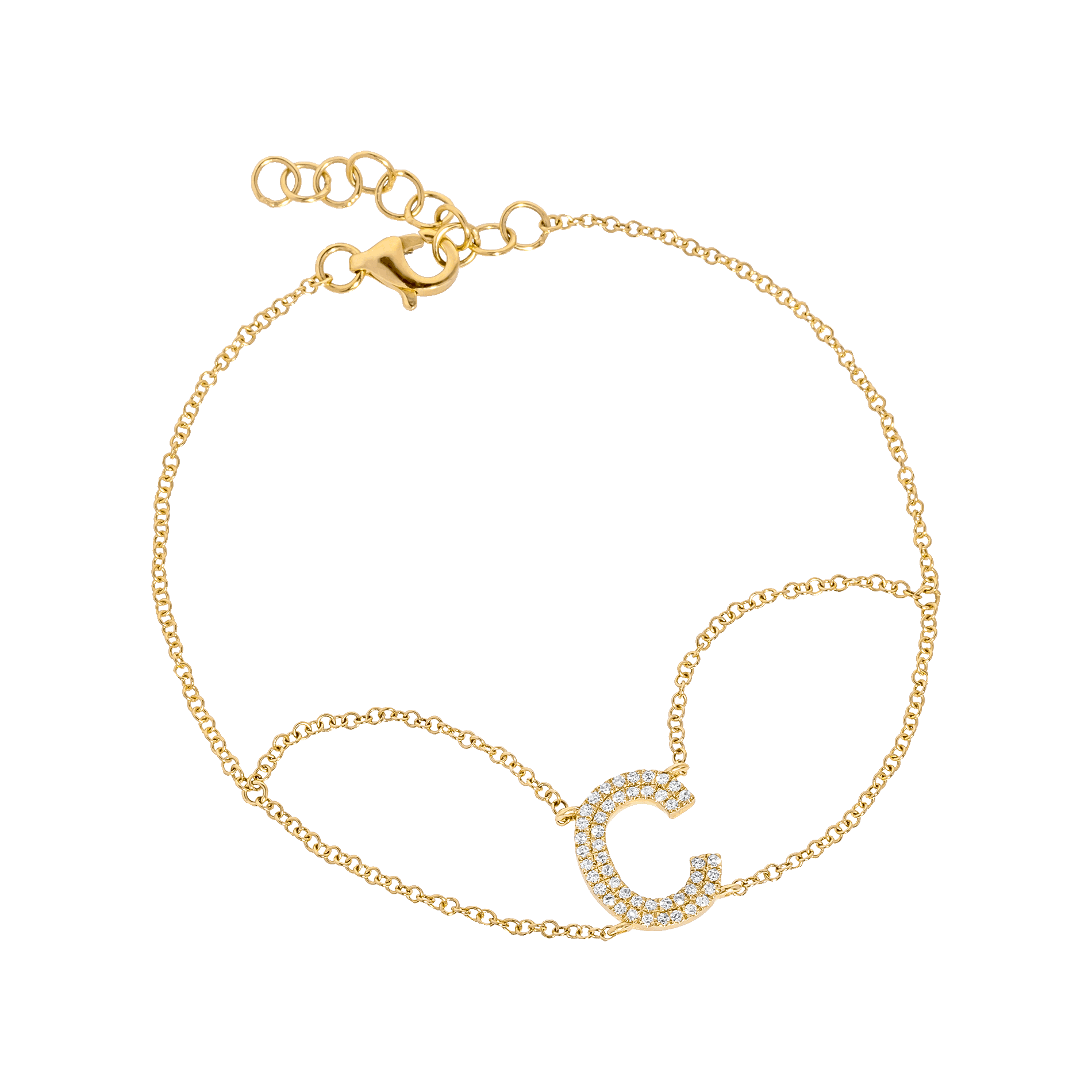 Letter C Yellow Gold Initial Bracelet with Diamond Only Stones