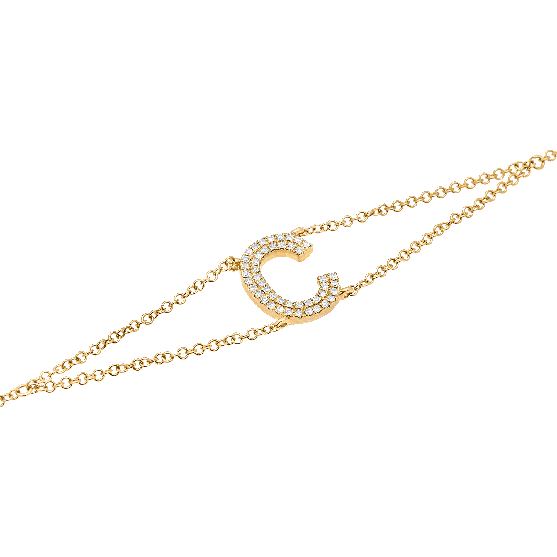 Letter C Yellow Gold Initial Bracelet with Diamond Only Stones