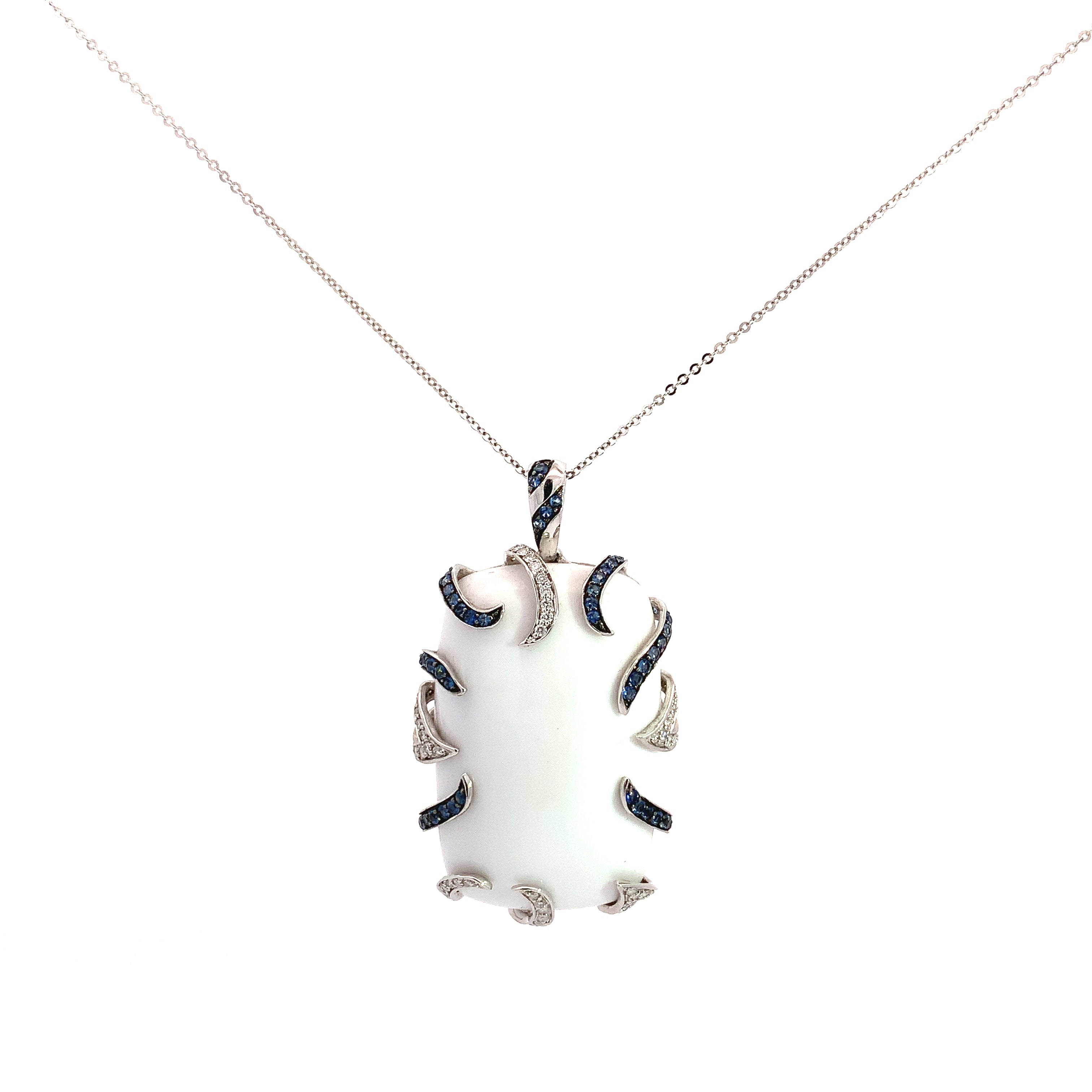 White Gold Pendant Necklace with Diamond, Sapphire Stones