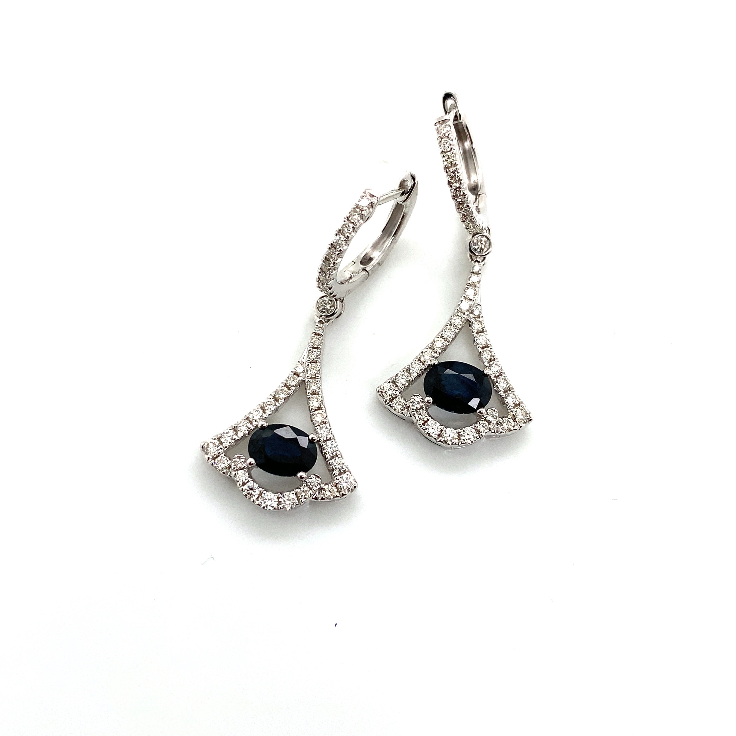 White Gold Drop Earrings with Diamond, Sapphire Stones