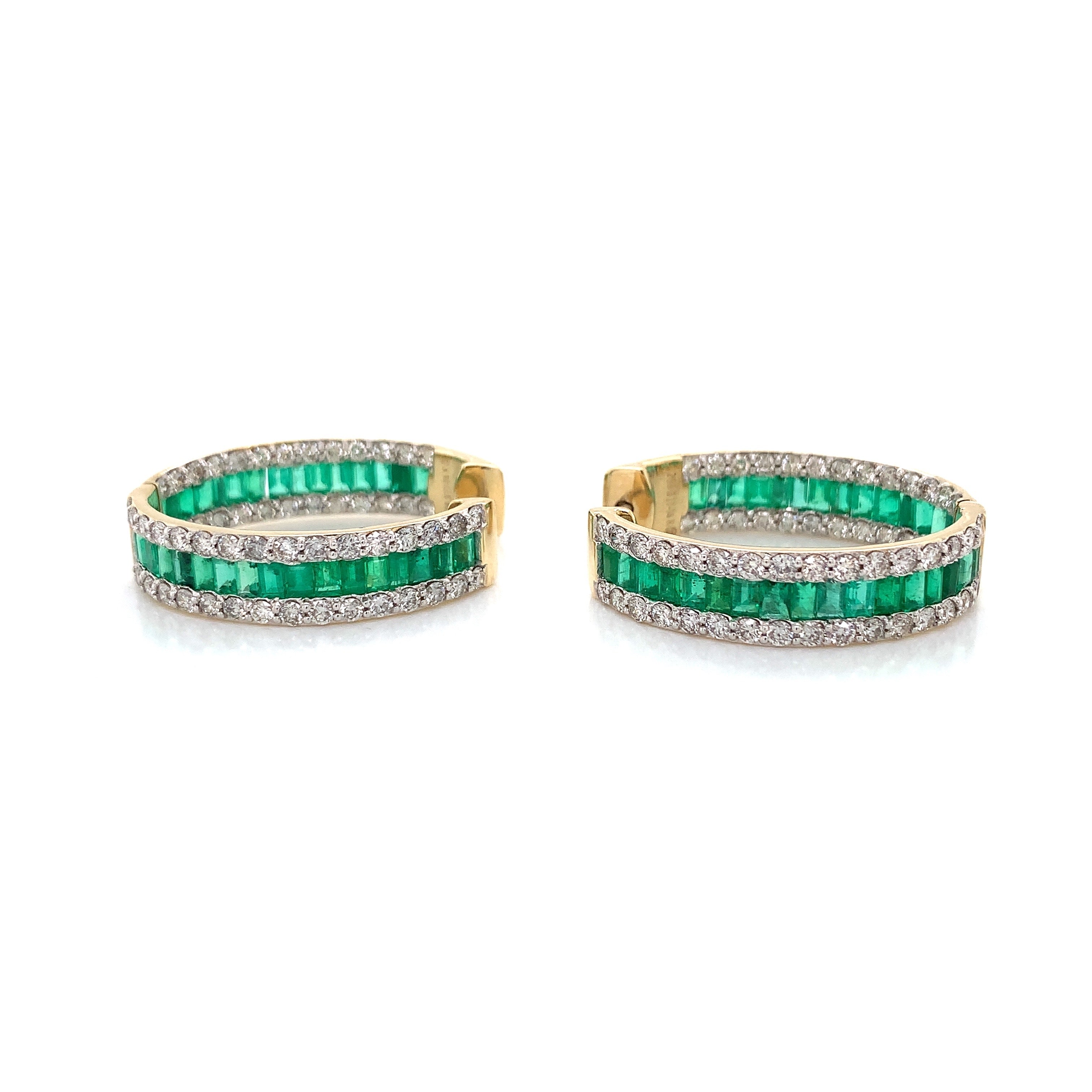 Yellow Gold Hoop Earrings with Diamond, Emerald Stones