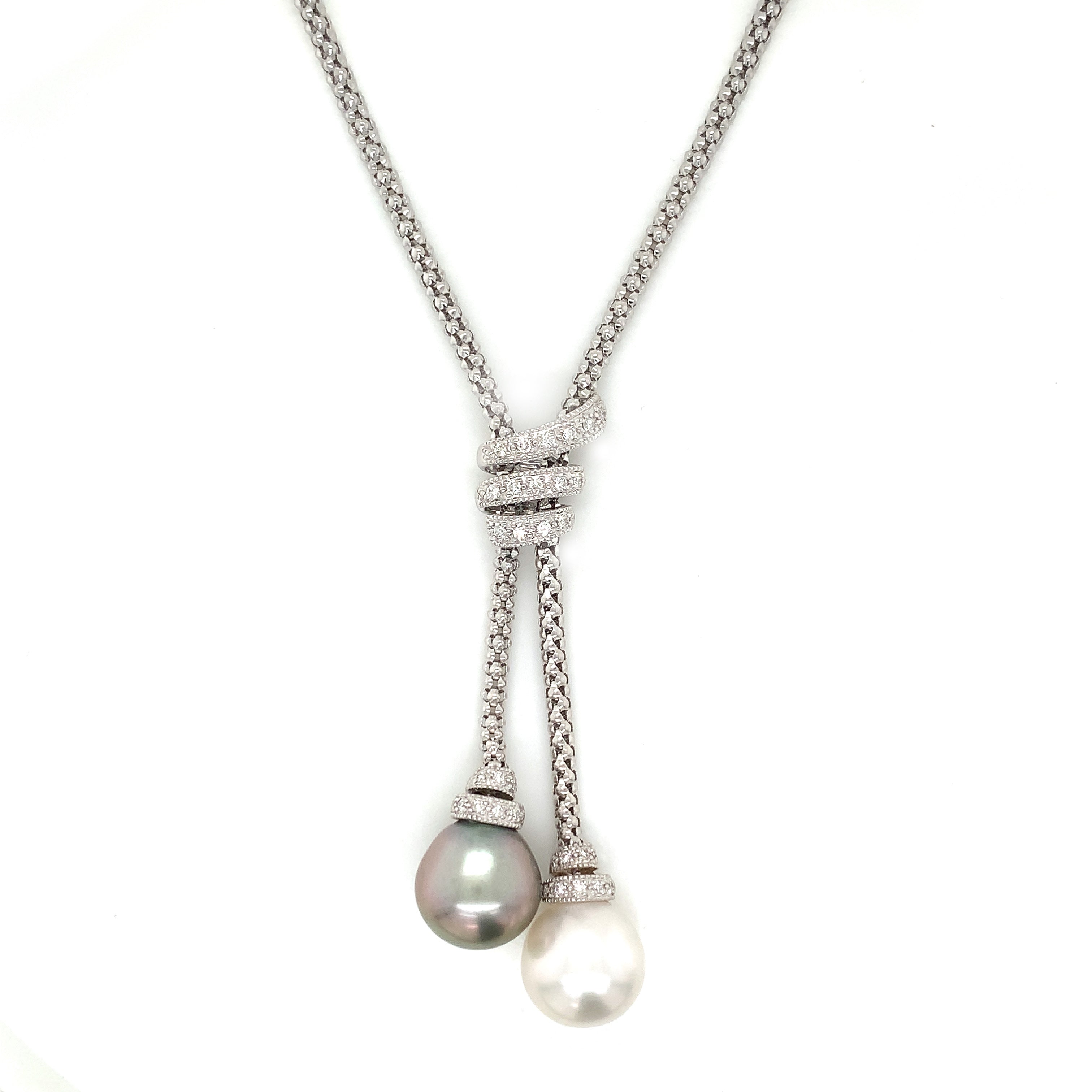 White Gold Y-Shape Necklace with Pearl Stones