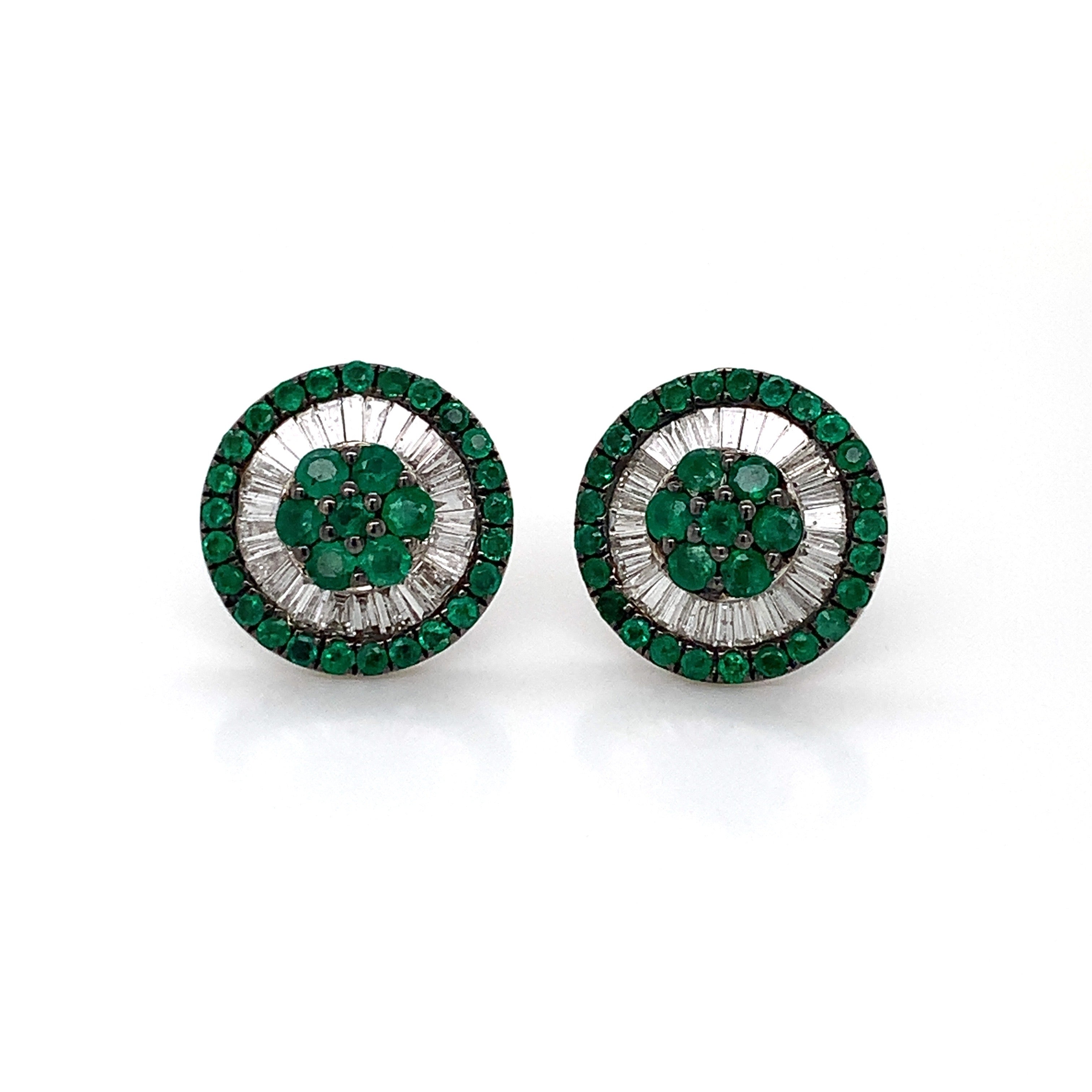 White Gold Stud Earrings with Diamond, Emerald Stones