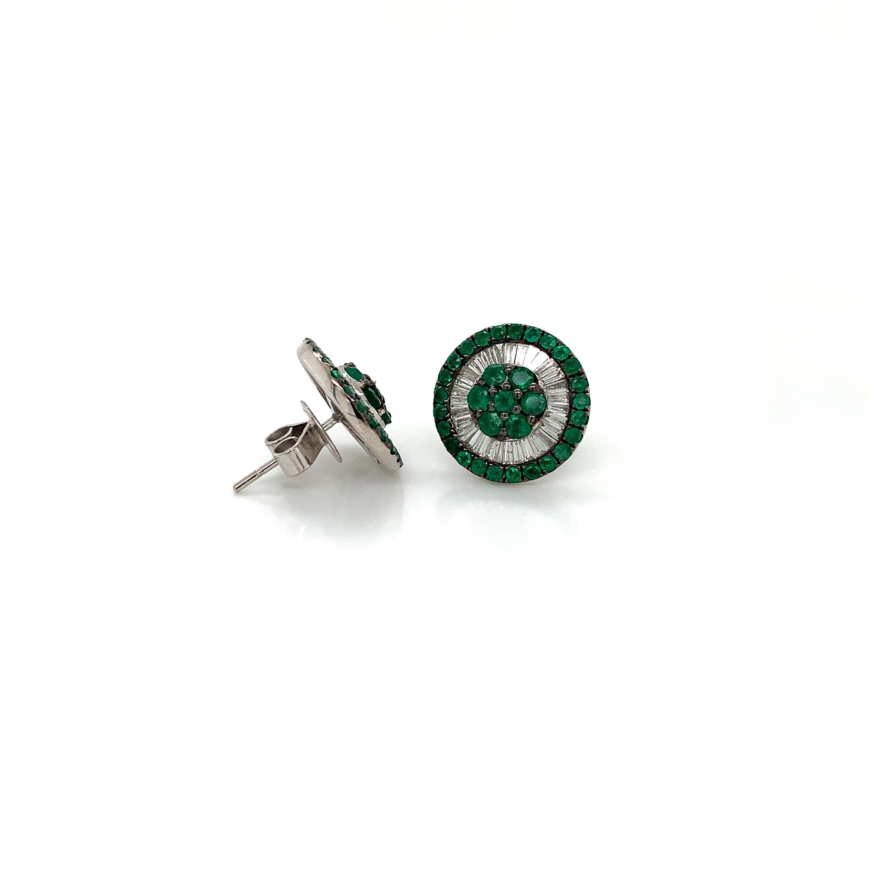 White Gold Stud Earrings with Diamond, Emerald Stones