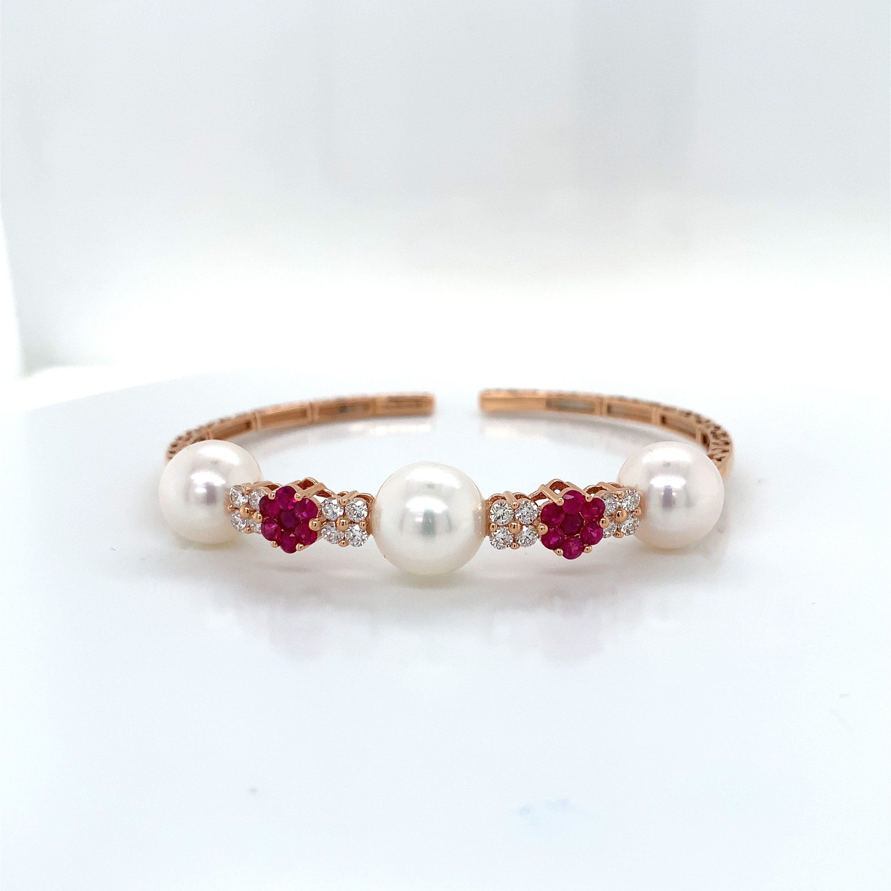 Yellow Gold Pearle and Ruby Bangle Bracelet