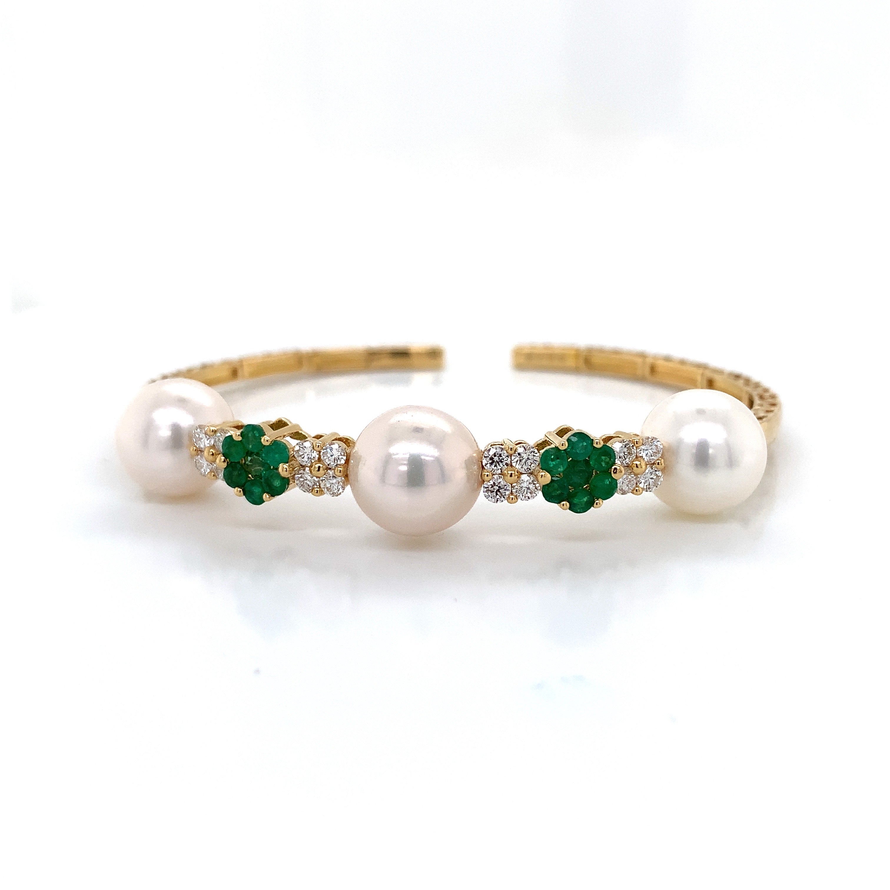 Yellow Gold Pearl and Emerald Bangle Bracelet