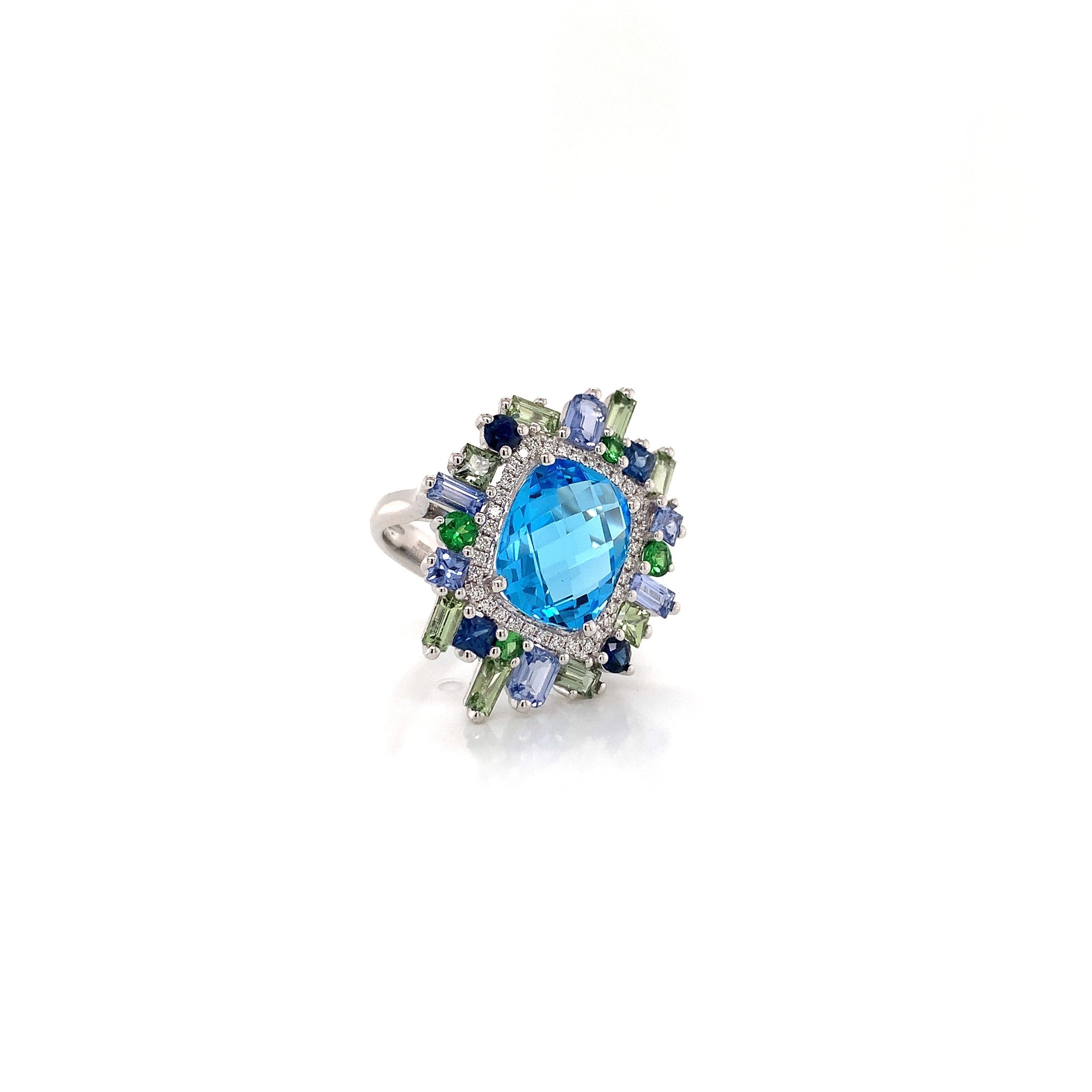 White Gold Ring with Diamond, Sapphire, Topaz Stones