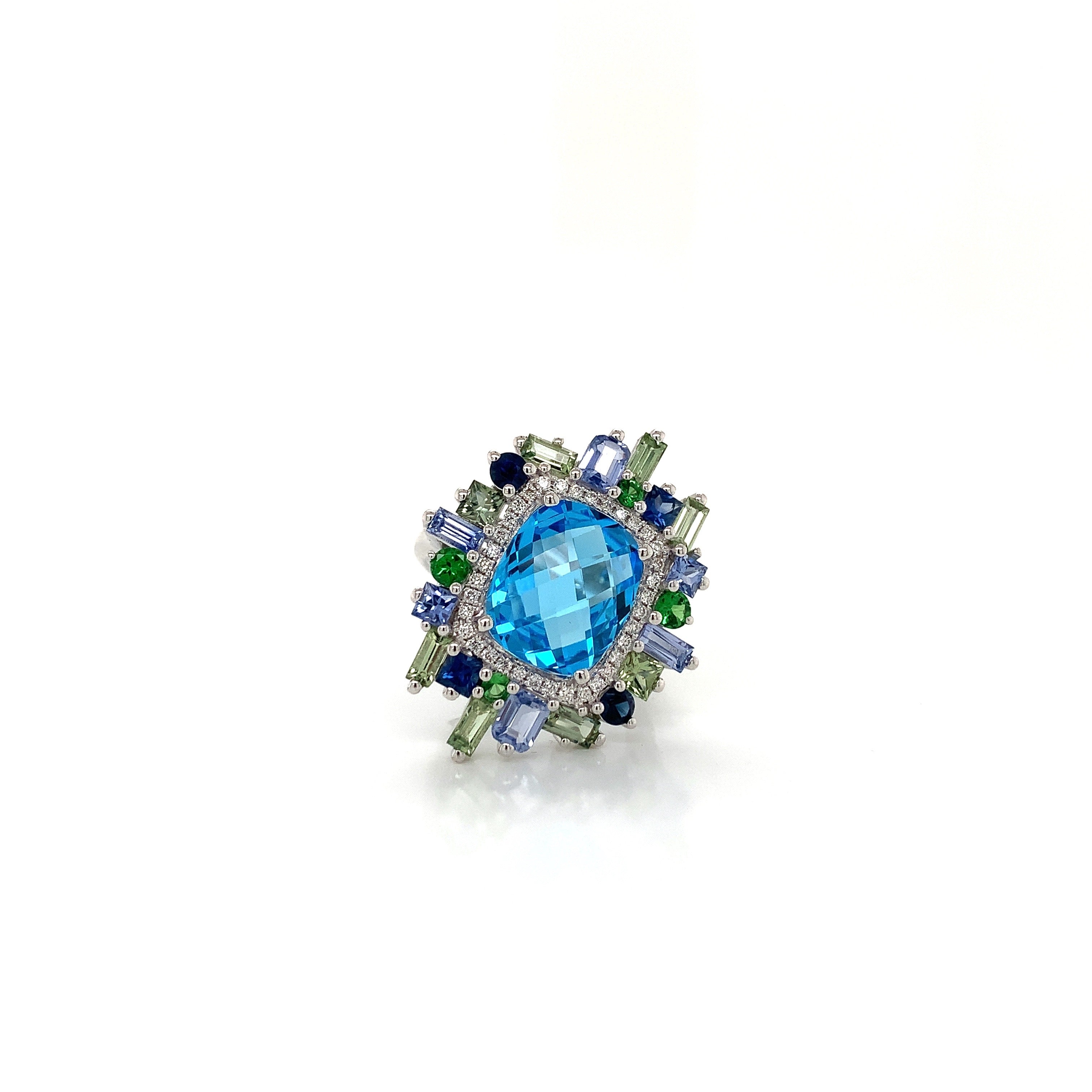 White Gold Ring with Diamond, Sapphire, Topaz Stones