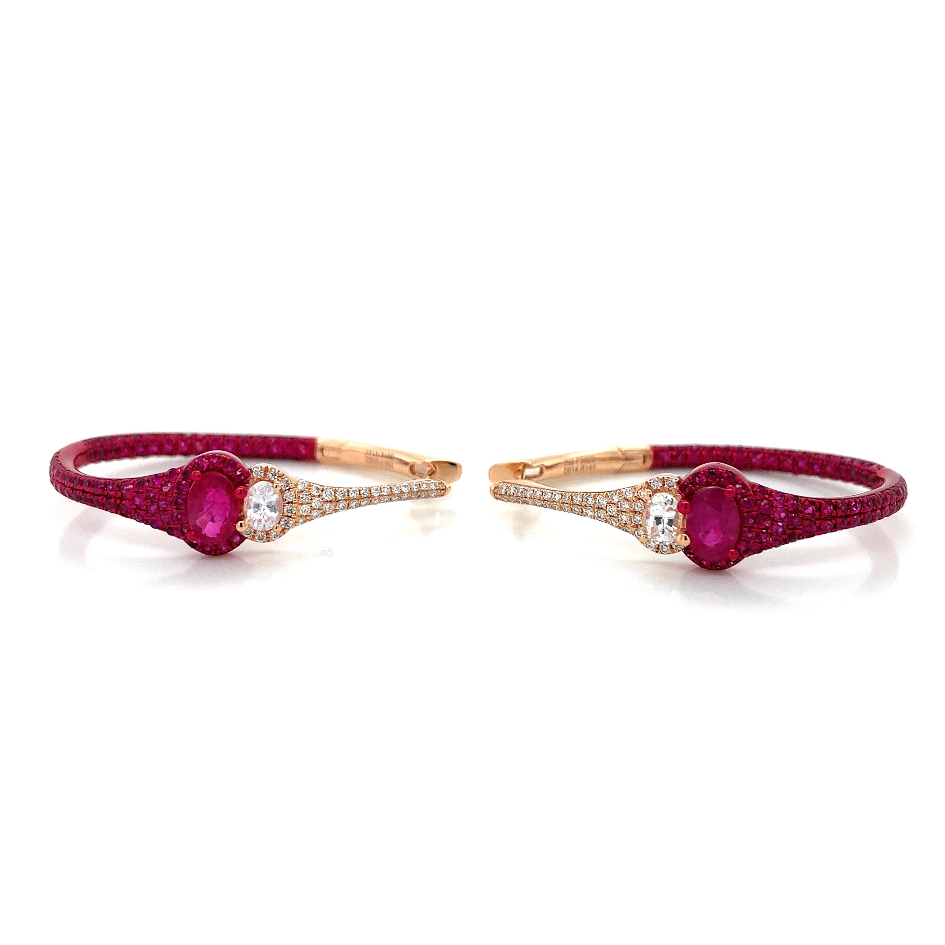 Yellow Gold Hoop Earrings with Diamond, Ruby Stones