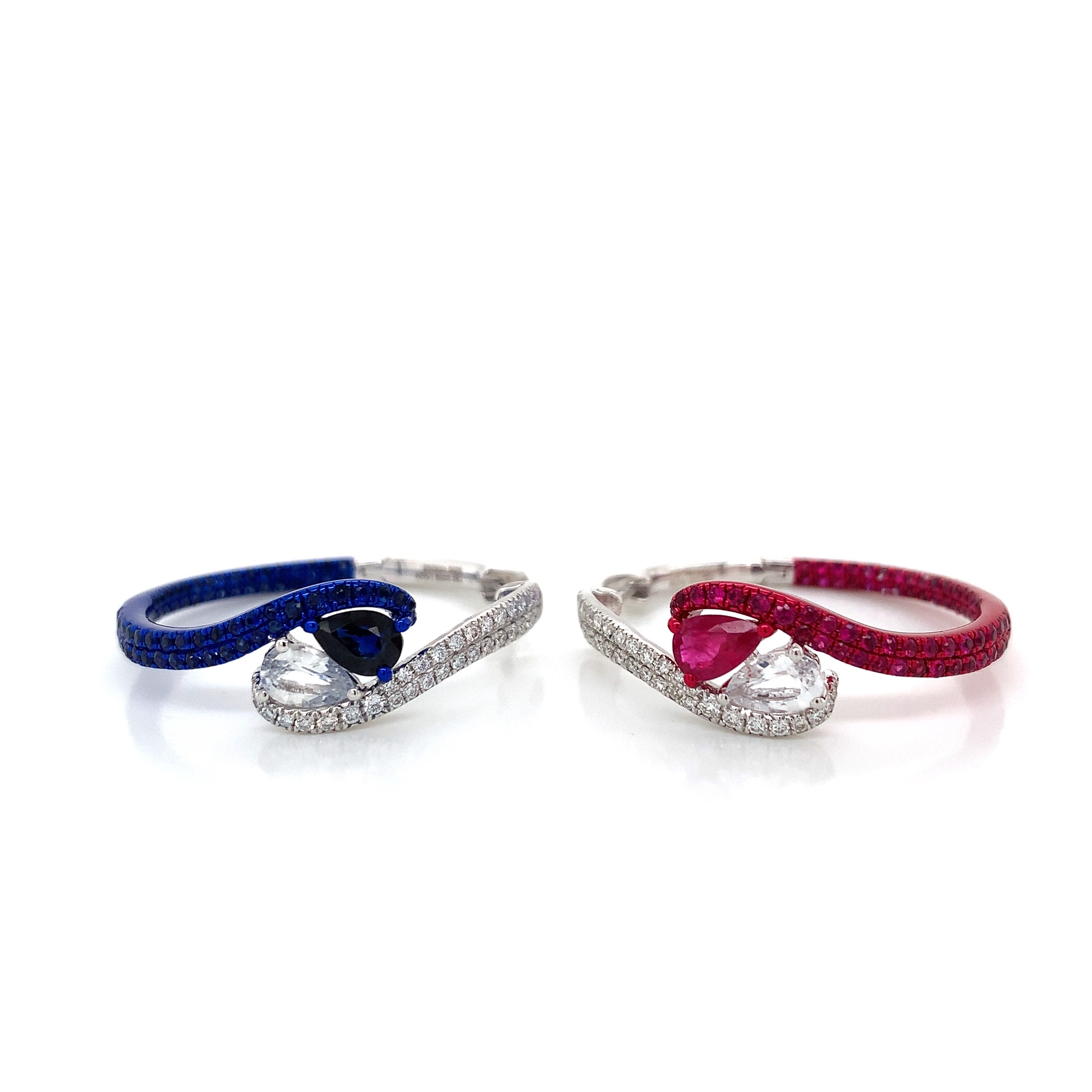 White Gold Hoop Earrings with Ruby, Sapphire Stones