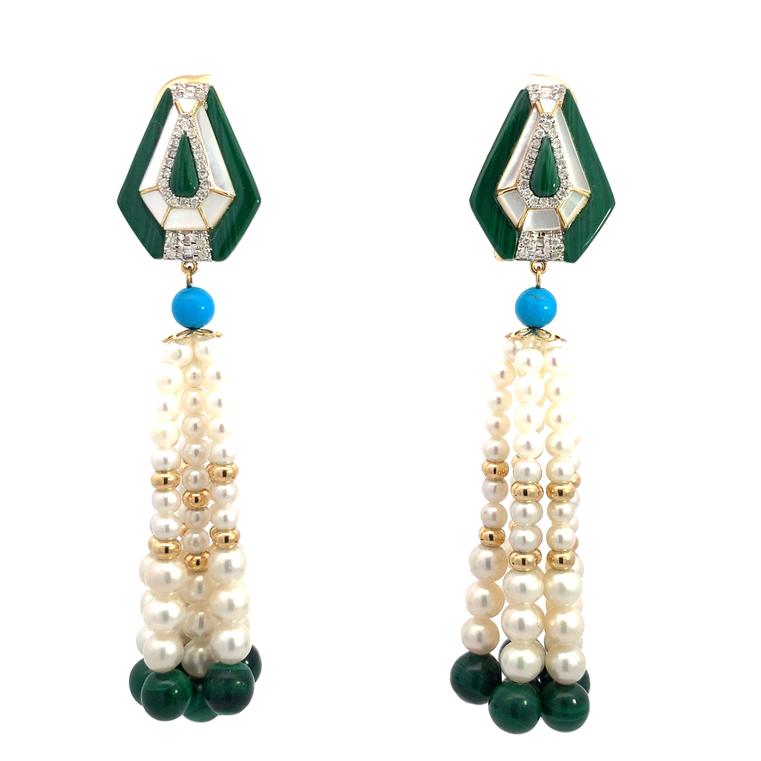 Malachite, Turquoise, Mother of pearl and Diamond Earrings