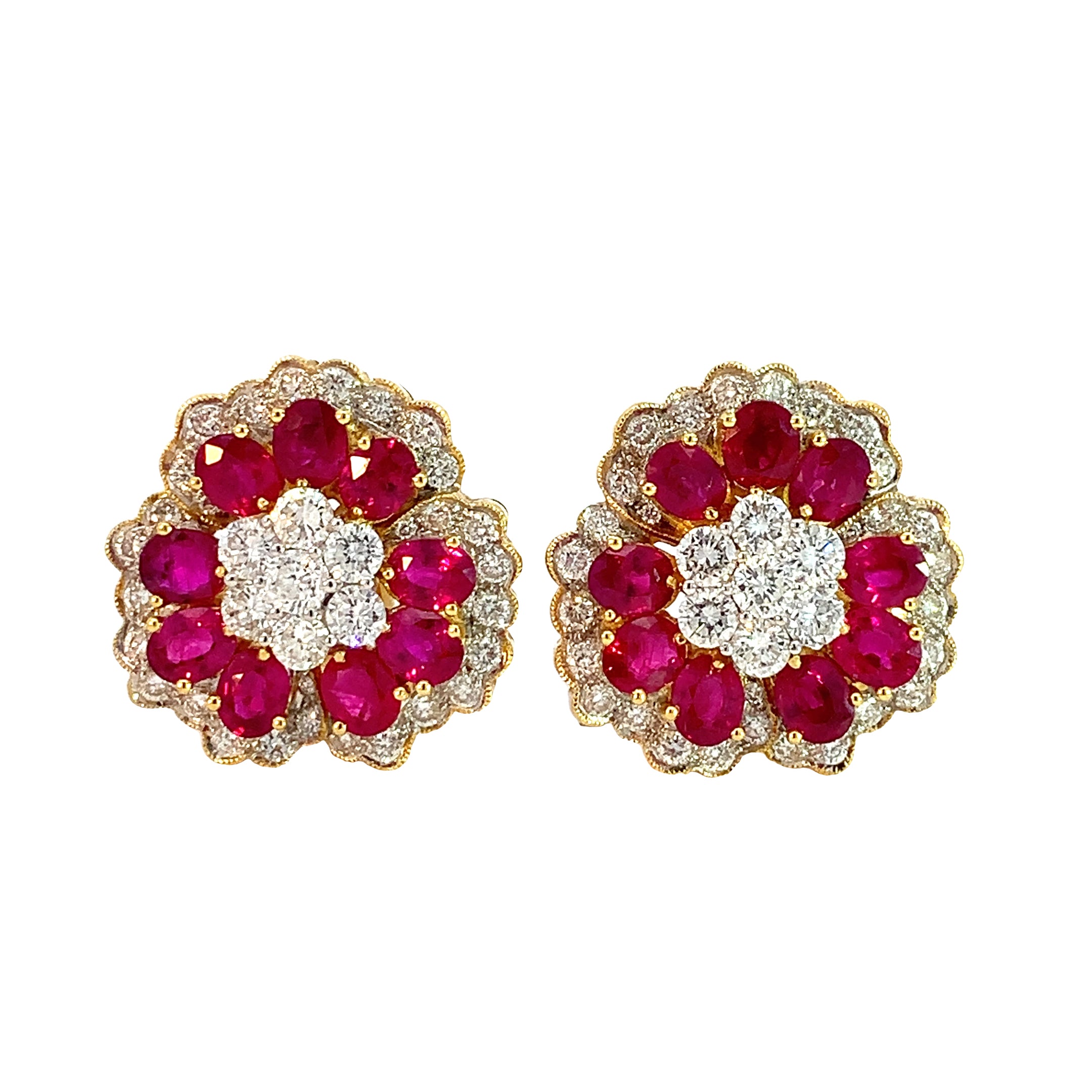Yellow Gold Stud Earrings with Diamond, Ruby Stones