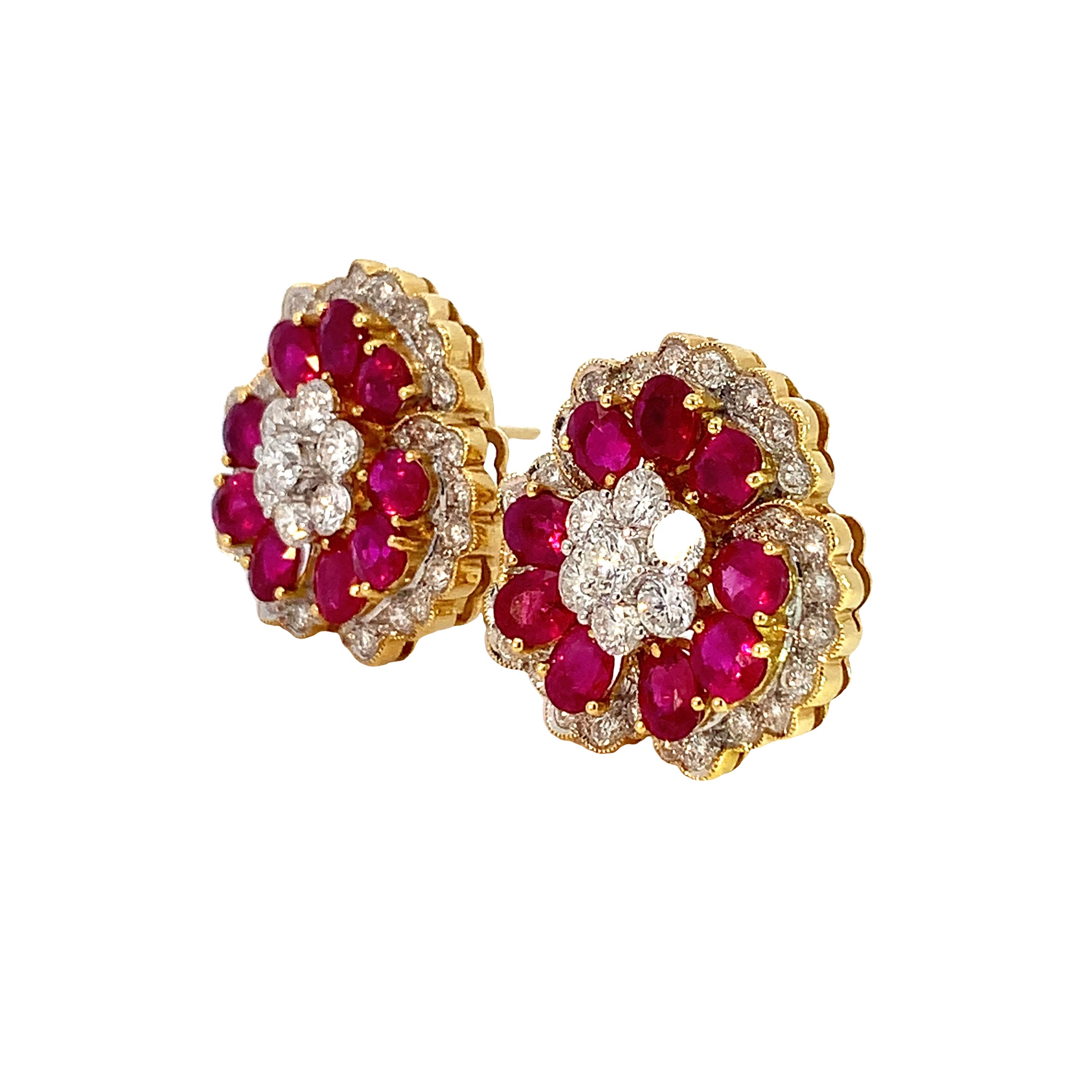 Yellow Gold Stud Earrings with Diamond, Ruby Stones